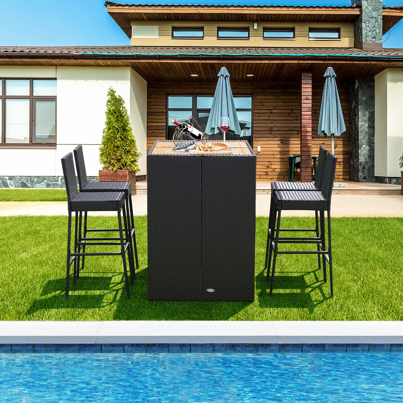 HAPPYGRILL 5-Piece Rattan Outdoor Bar Set with High Table & 4 Cushioned Bar Stools - Wicker Patio Dining Furniture for Poolside, Backyard, Garden, and Outdoor Entertaining