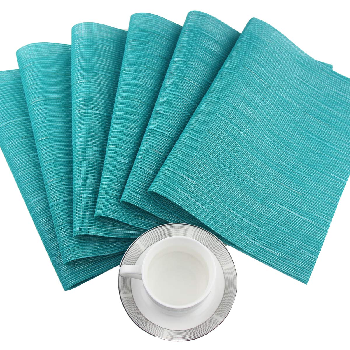 PIGCHCY Heat Resistant Placemats Set of 4 - Durable Washable Woven Vinyl Table Mats for Kitchen & Dining (18x12 Inches, Turquoise) - Perfect for Everyday Meals, Dinner Parties & Home Decor