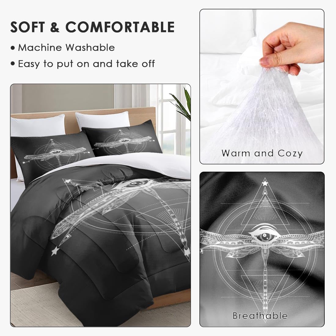 Queen Size Comforter Set - Geometric Dragonfly Butterfly Diamond Soft Bedding for Kids & Adults | Bohemian Mexican Style with 2 Pillowcases | Perfect for Bedroom Decor, Guest Rooms & Bohemian Themed Spaces