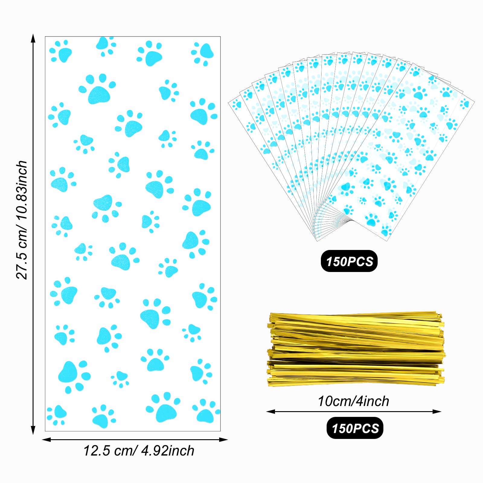 150 Pcs Blue Dog Paw Print Cellophane Bags with Twist Ties - Pet Treat Candy Cookie Bags for Dog Birthday Party Favors, Decorations & Gift Packaging - Perfect for Dog Lovers, Pet Events & Holiday Celebrations