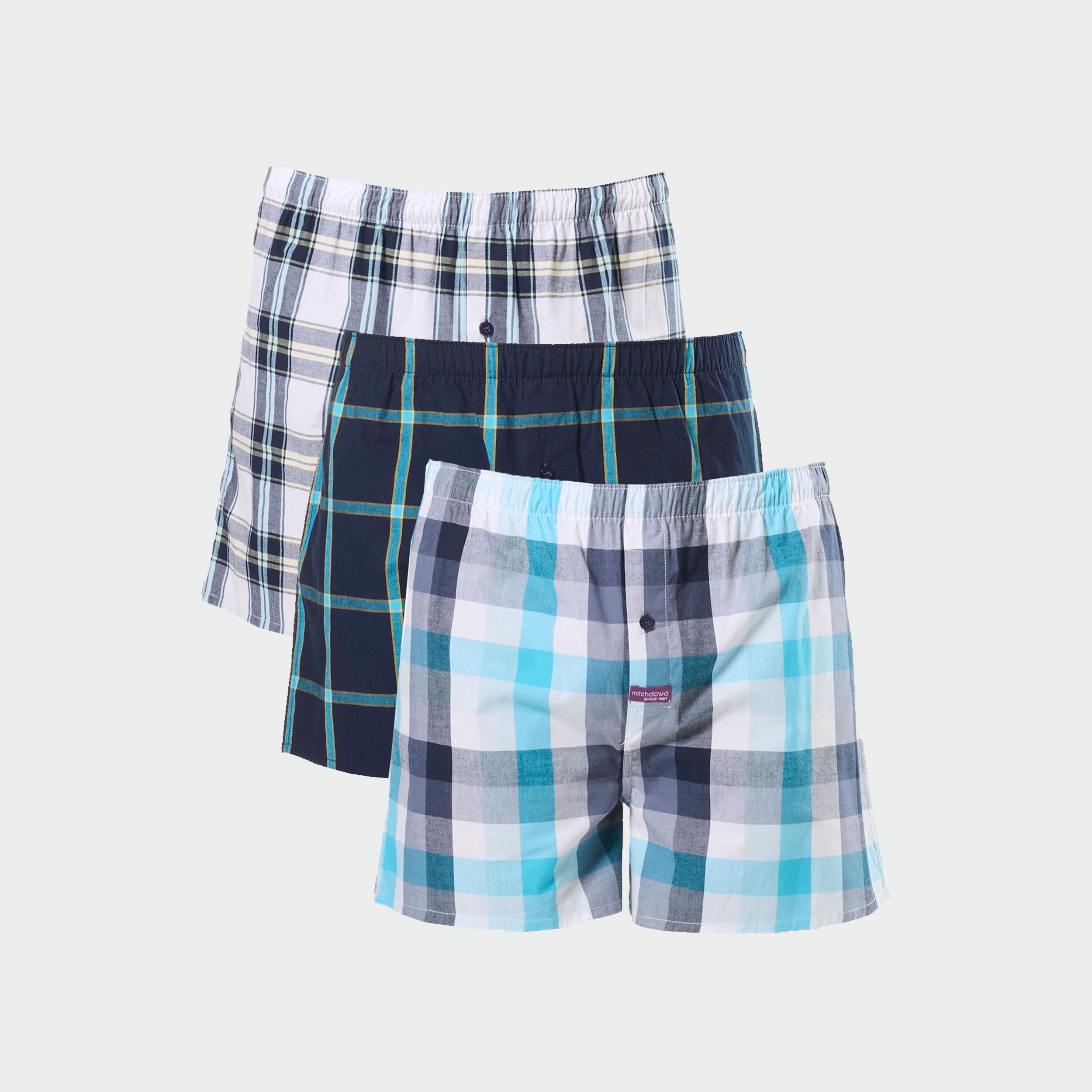 Men's Resort Check Cotton Boxer Shorts 3-Pack - Soft & Breathable Underwear for Travel, Beach & Lounge | Blue