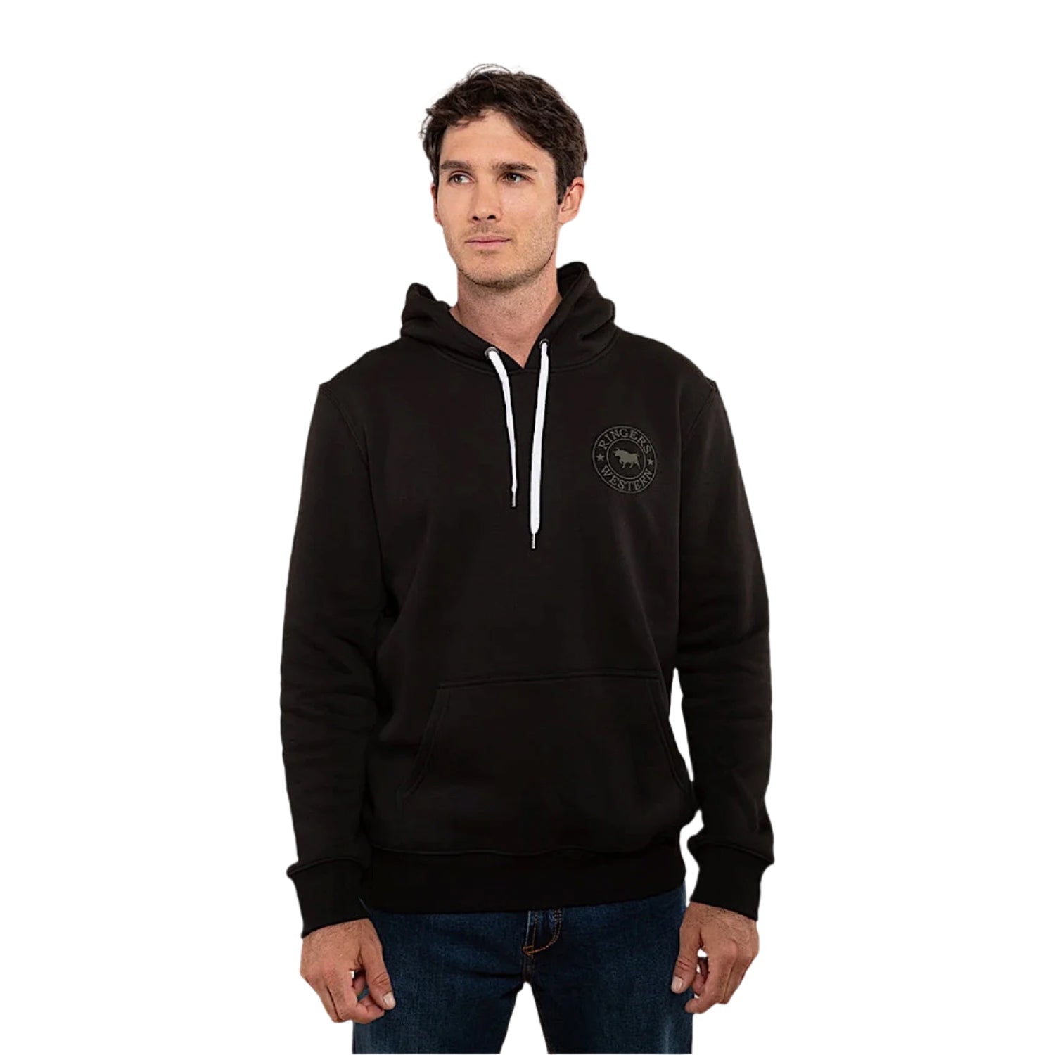 Ringer's Western Men's Signature Bull Pullover Hoodie - Black & Military Green | Comfortable Cowboy Hooded Sweatshirt for Ranch Work, Rodeo & Outdoor Activities