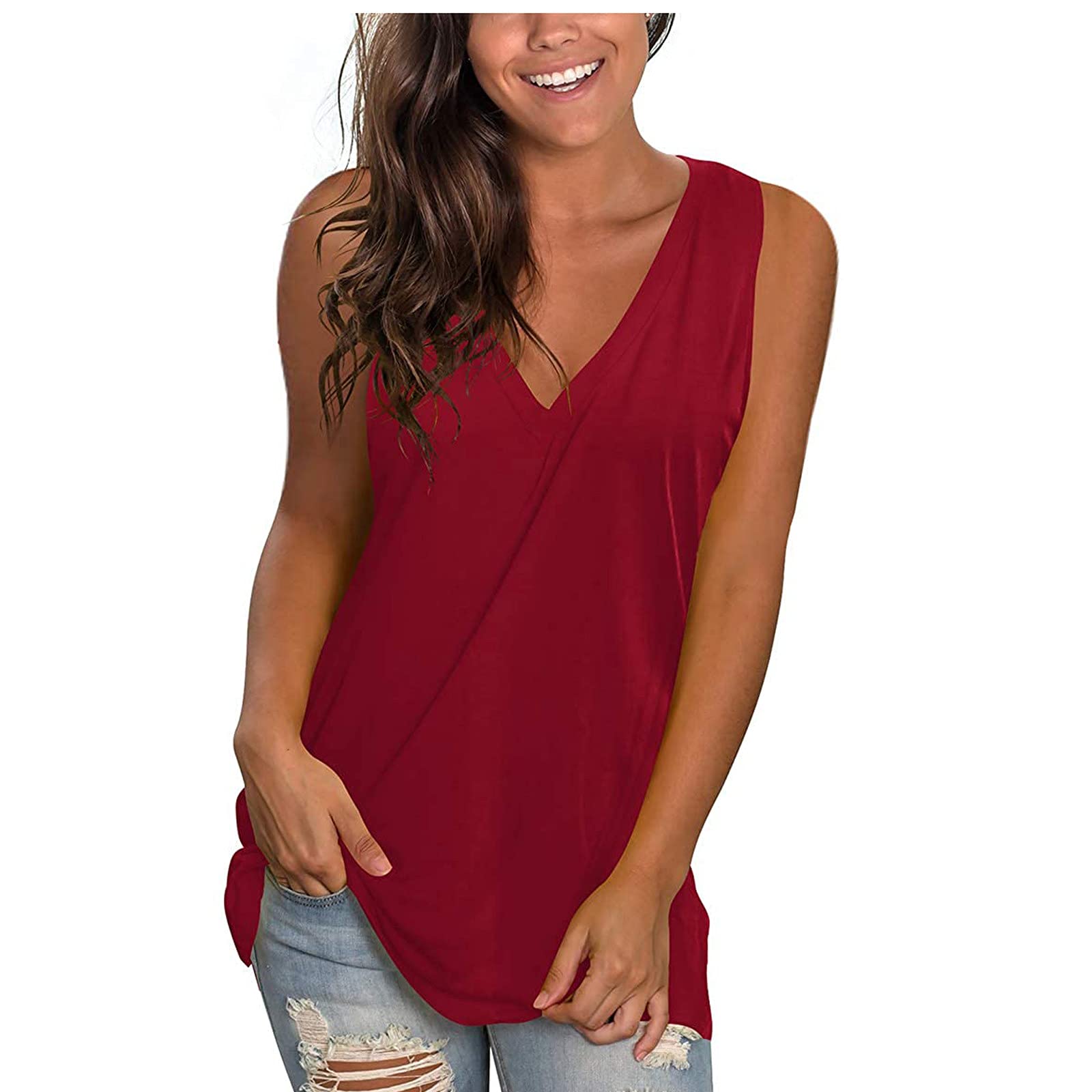Women's Casual Workout Tank Top - Pure Color V-Neck Sleeveless T-Shirt for Yoga, Gym & Summer Outfits | Comfortable Side Split Tunic for Running, Travel & Daily Wear