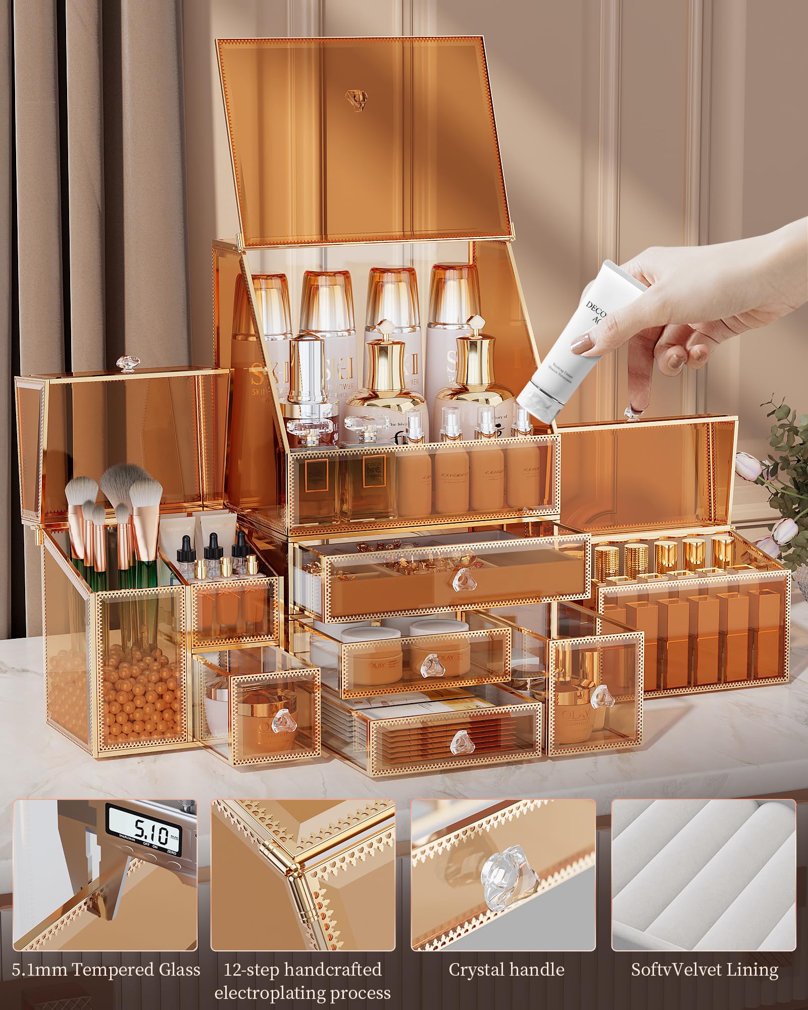 Elegant Tempered Glass Vanity Makeup Organizer - Stackable Cosmetic Storage for Bathroom Countertop, Skincare, Jewelry, Lipstick, Perfume & Makeup Brushes - Perfect Organizing Gift for Home, Spa & Travel