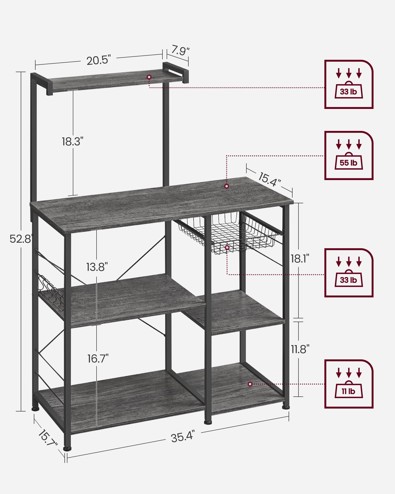 VASAGLE Kitchen Storage Rack with Shelves & Wire Basket - Microwave Stand, Baker's Rack with 6 Hooks for Spices, Pots & Pans - Charcoal Gray & Black UKKS035B04 - Perfect for Small Kitchens, Pantry Organization & Countertop Storage