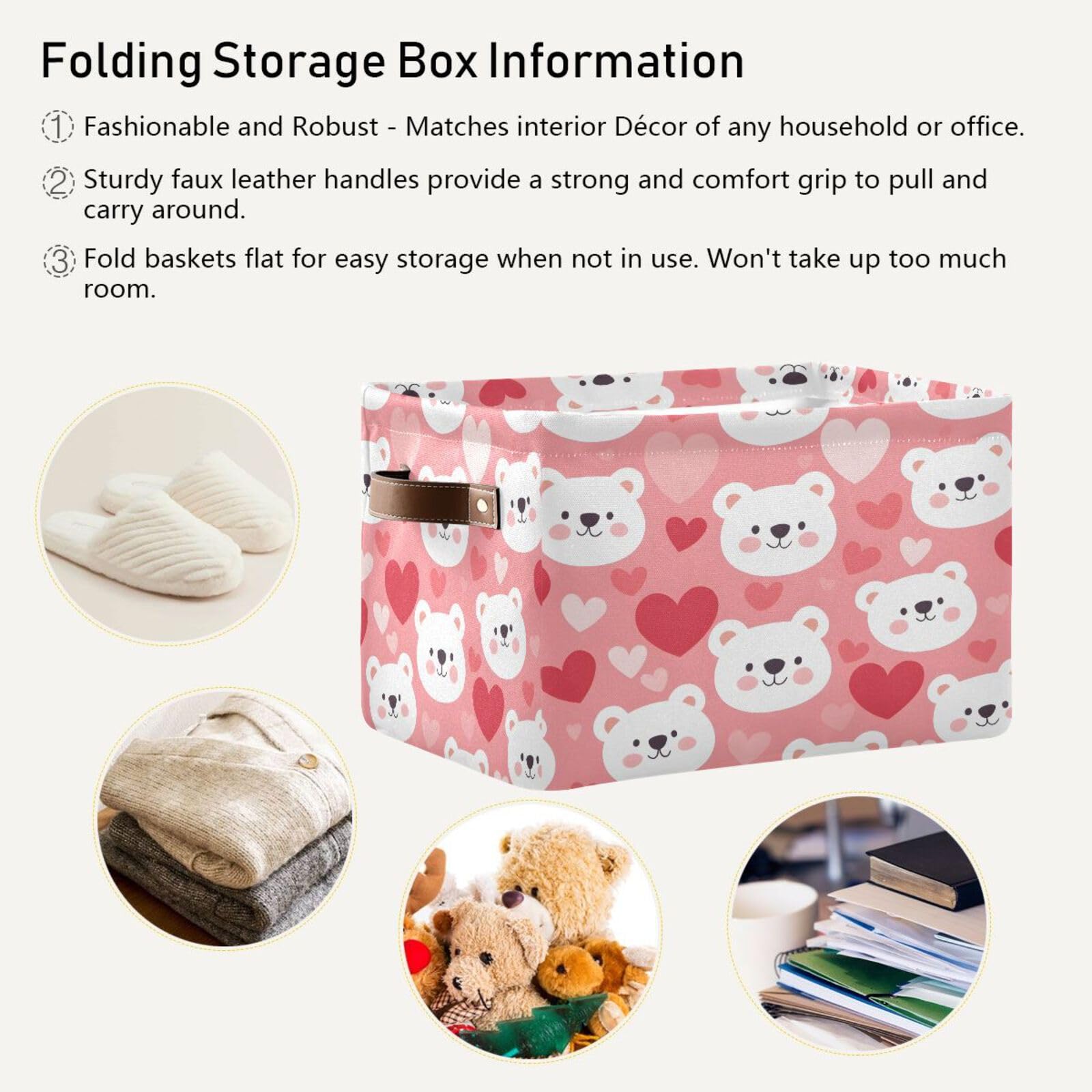 Kigai Bear Face Storage Bins for Shelves - Foldable Double Handle Storage Baskets with Metal Frame, Rectangular Closet Organizer Containers for Bedroom & Home Organization - Perfect for Toys, Blankets, and Seasonal Clothing Storage