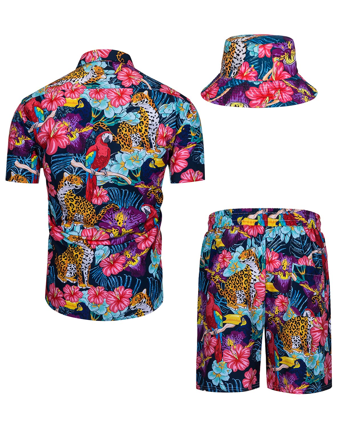 TUNEVUSE Men's Hawaiian Shirt and Shorts Set - 2 Piece Tropical Beach Outfit with Floral Print & Bucket Hat | Summer Vacation, Luau Party, Poolside Relaxation