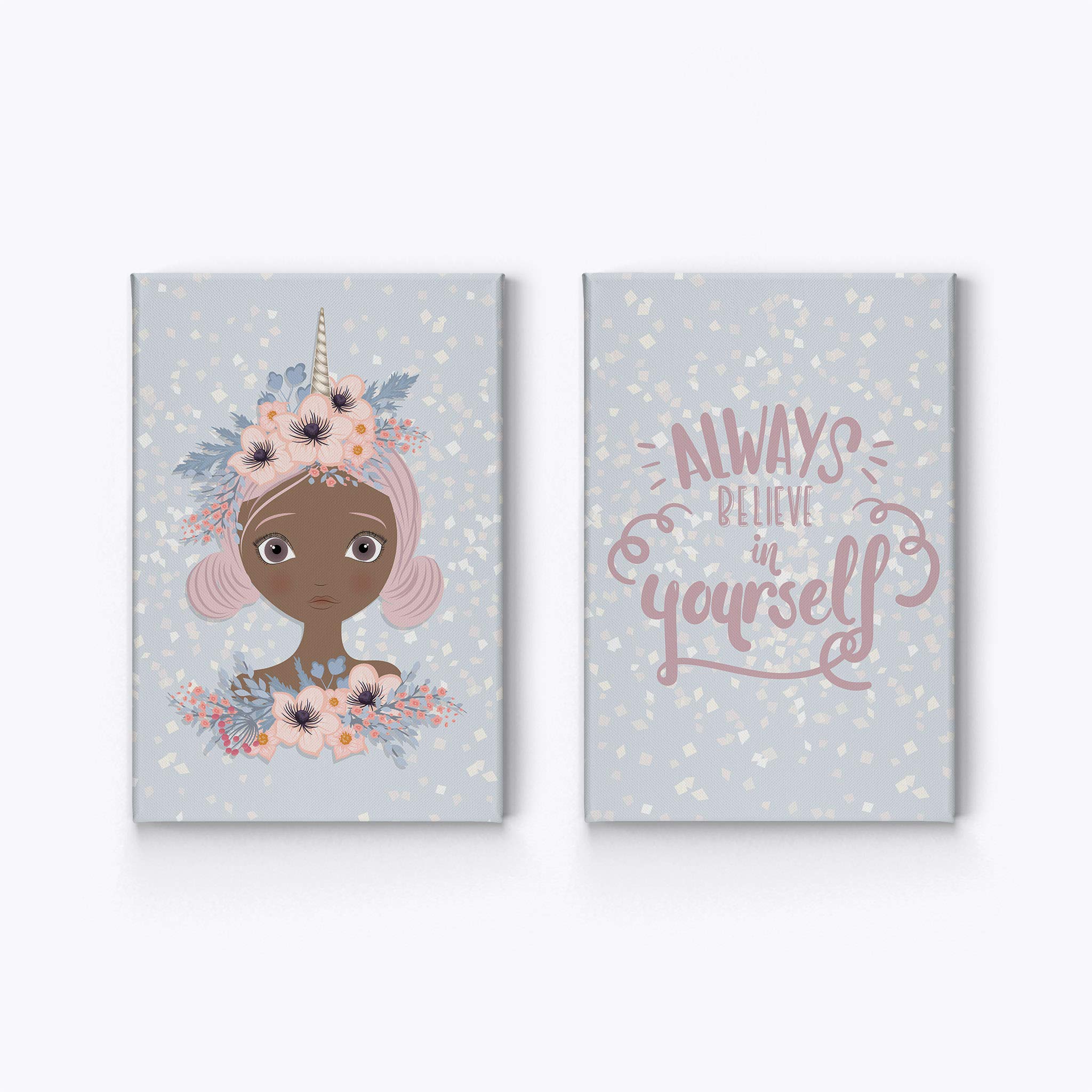 African American Unicorn Wall Art Canvas Prints - 2 Panel Set 'Always Be Yourself' for Kids Room, Nursery & Baby Room Decor | Handmade in USA, Rolled Up (40x30 inches x2) | Perfect for Birthday Gifts, Bedroom Accent & Playroom Wall Decor