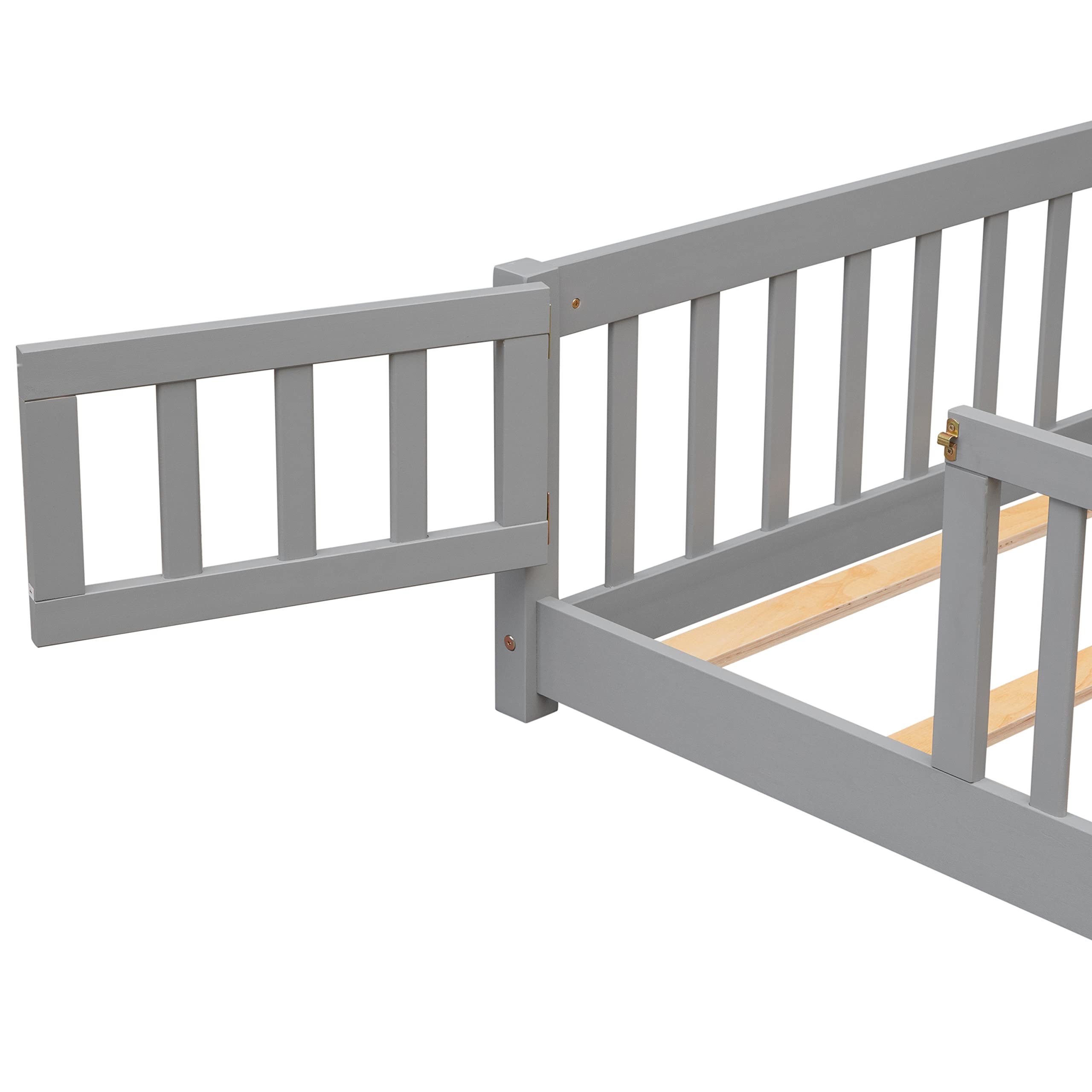 Twin Size Floor Platform Bed with Safety Fence - Wooden Playpen Bed for Kids & Toddlers - No Box Spring Needed - Grey - Perfect for Nursery, Daycare or Kids' Bedroom Safety