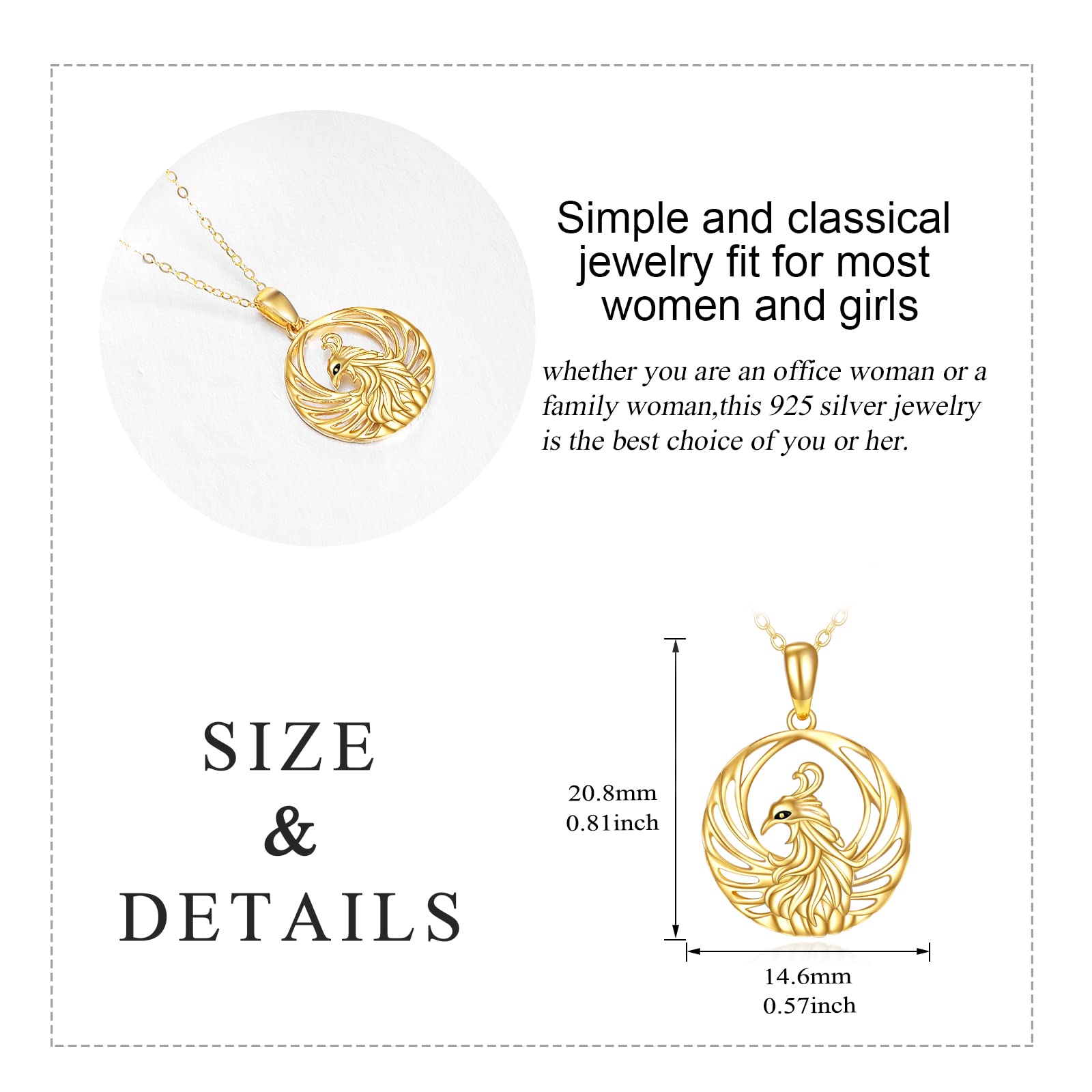 KECHO 14K Yellow Gold Phoenix Pendant Necklace for Women & Teen Girls - Elegant Rising Phoenix Jewelry Gift for Birthday, Anniversary & Special Occasions