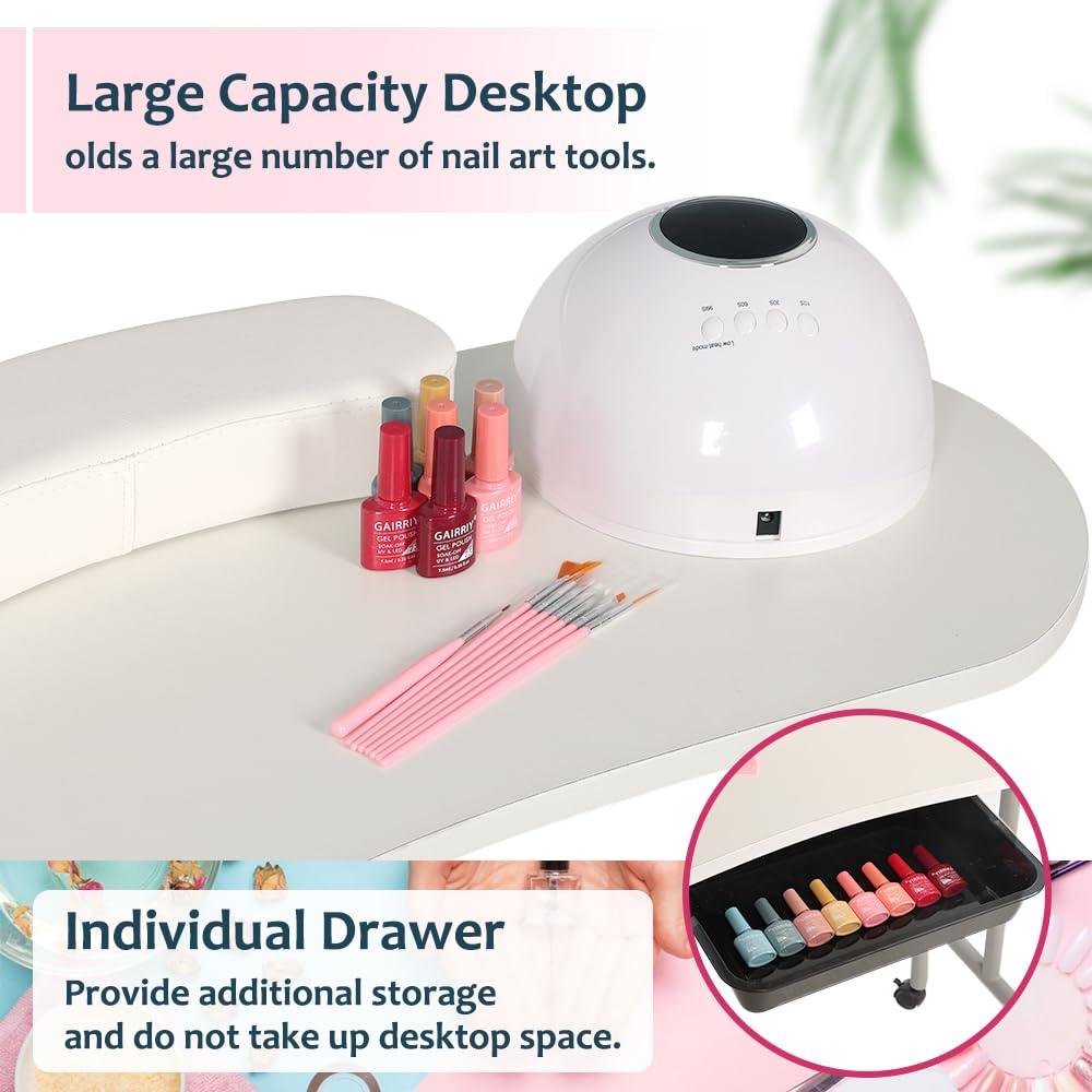 Portable Foldable Manicure Table with Large Drawer - 36 Inch White Nail Tech Station for Salon Professionals | Includes Wrist Cushion, Carry Bag & 4 Lockable Wheels | Perfect for Home Salons, Mobile Nail Technicians & Spa Treatments