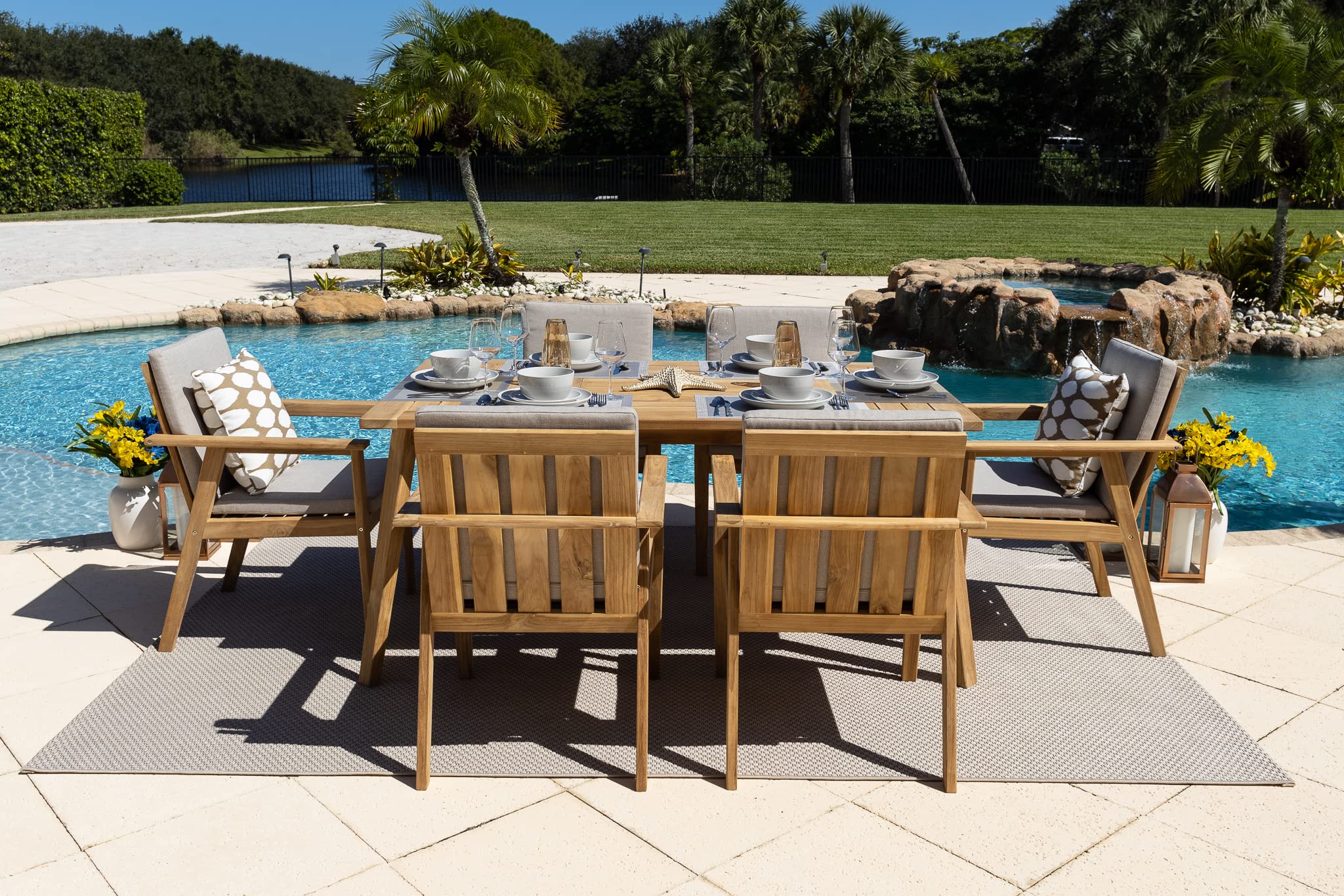Premium 7-Piece Eucalyptus Wood Outdoor Dining Set with Table & 6 Armchairs - Patio, Garden, Poolside Furniture for Backyard Entertaining