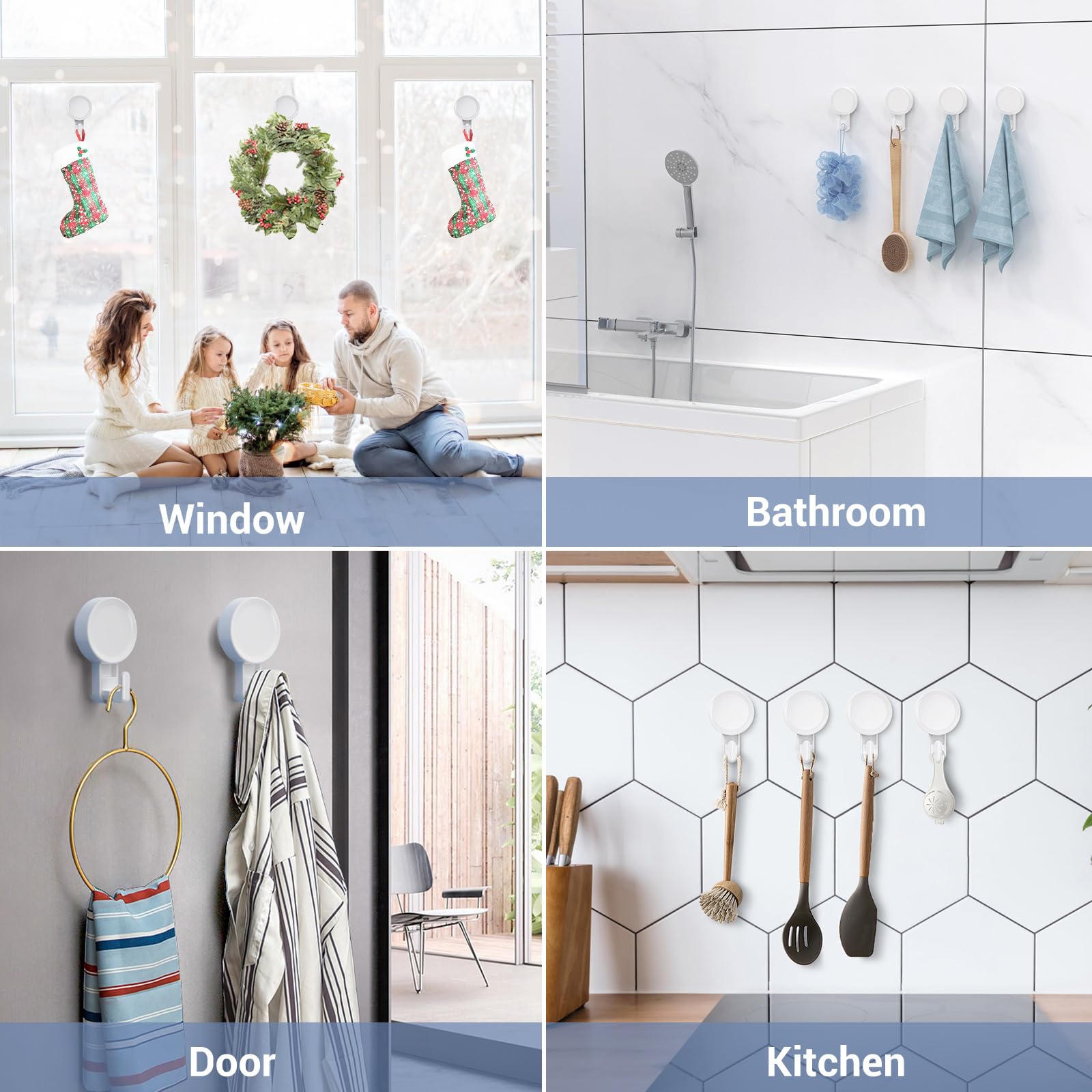 Heavy Duty Suction Cup Shower Hooks 4 Pack - 11 lbs Removable & Reusable Vacuum Hooks for Bathroom, Kitchen - Waterproof Suction Hangers for Towels, Loofahs, Wreaths - Perfect for Shower Organization and Space Saving