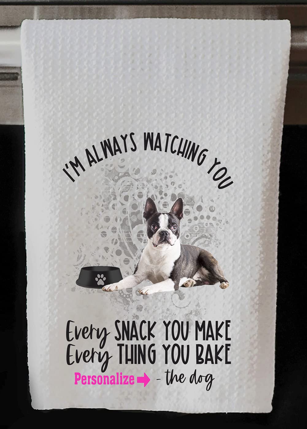 Personalized Boston Terrier Always Watching You Waffle Kitchen Towel 16x24 Inches - Custom Name Pet Lover Gift for Kitchen, Bathroom & Housewarming
