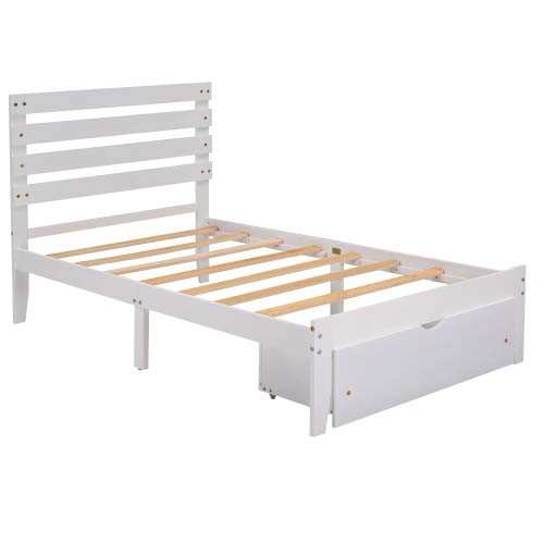 White Wooden Twin Bed Frame with Headboard, Footboard & Storage Drawers - Sturdy Platform Bed Mattress Foundation for Kids, Teens & Guest Rooms