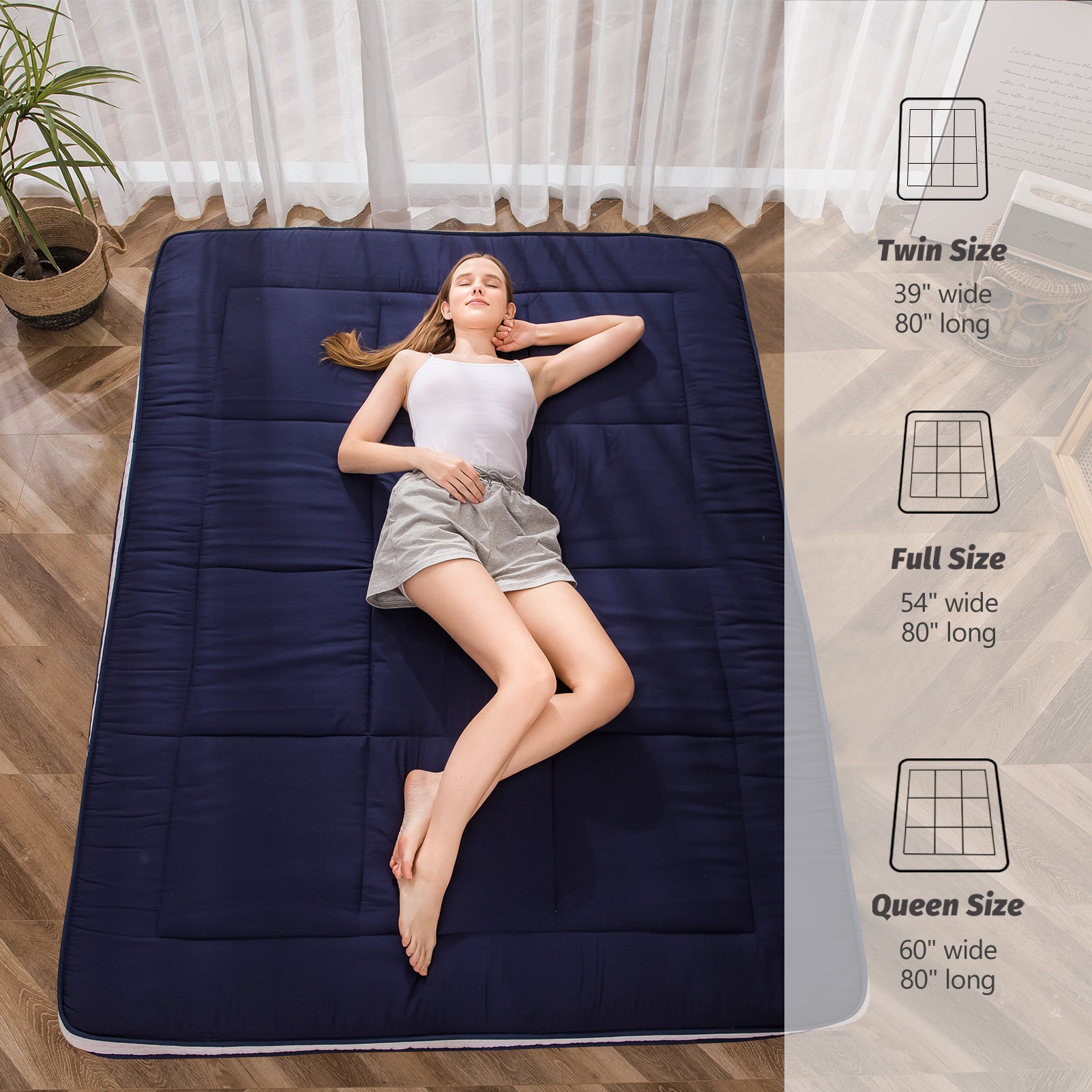 MAXYOYO Japanese Floor Futon Mattress - Thick Padded & Portable Navy Blue Floor Bed for Guest Room, Dorm, Camping & Travel