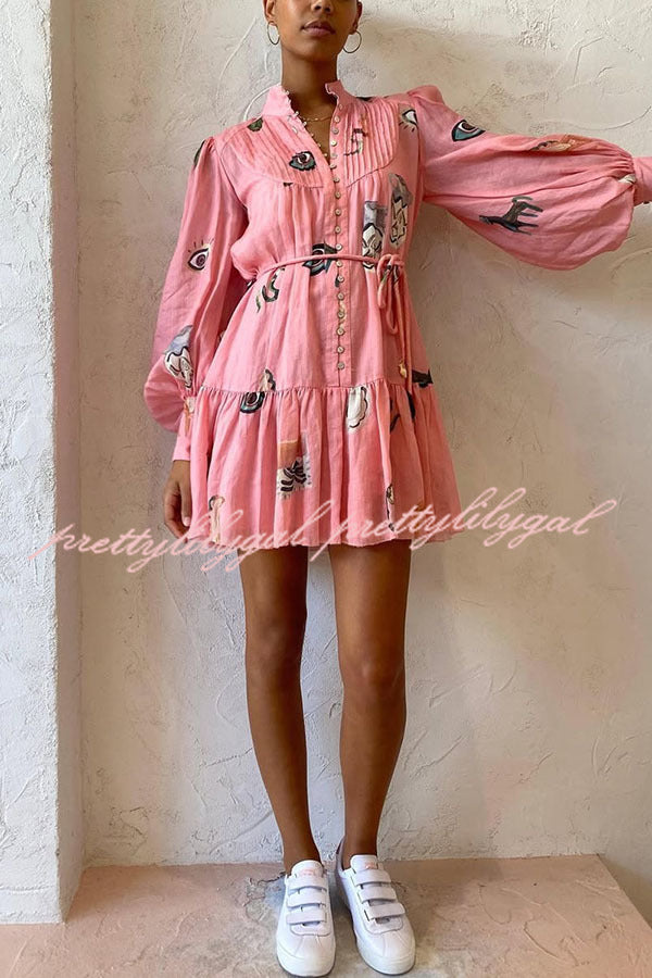 Unique Print Single Breasted Balloon Sleeve Tie Waist Ruffled Mini Dress - Elegant Party & Date Night Outfit for Women
