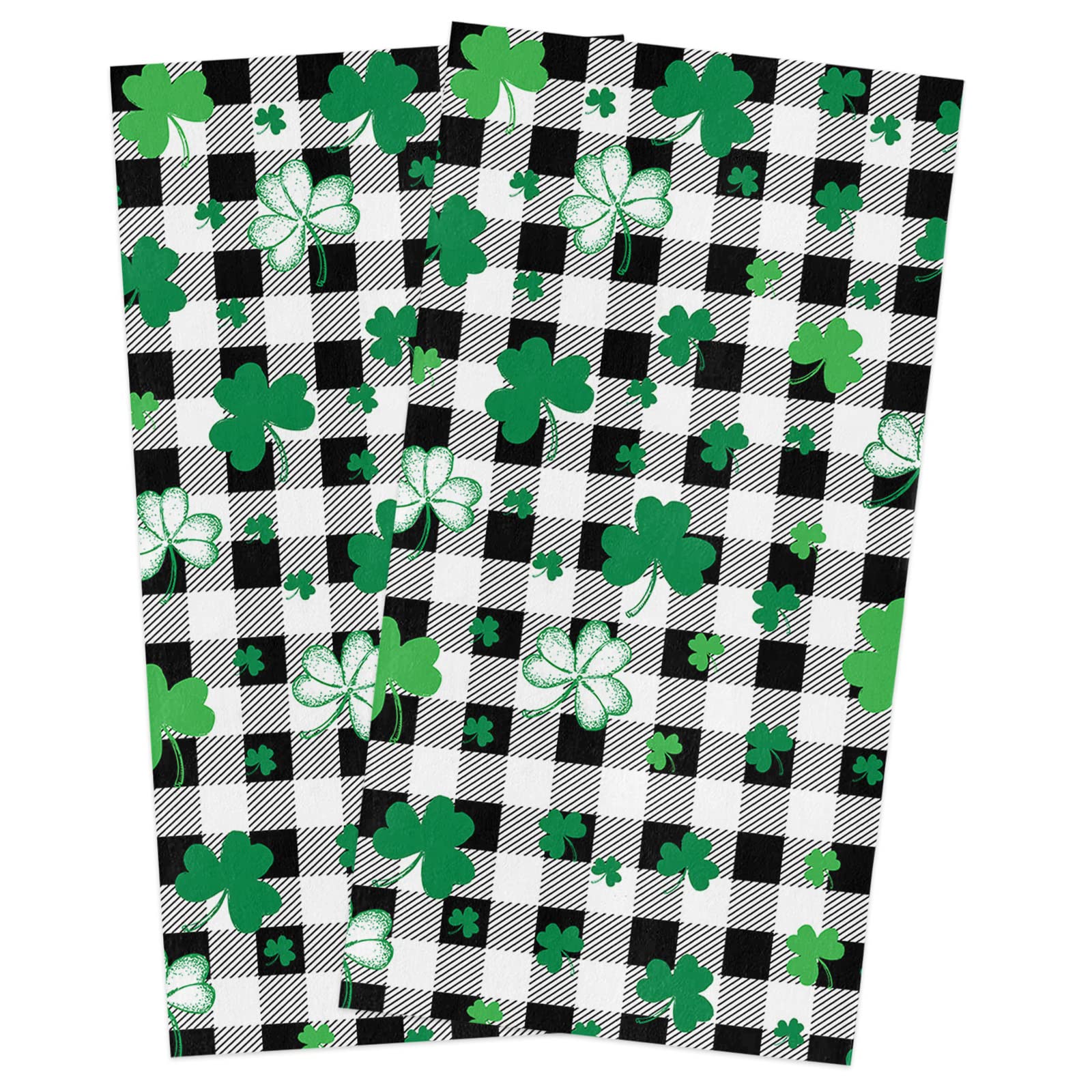 Premium Microfiber Kitchen Towels Set of 2 - Super Absorbent Reusable Dish Towels for Cleaning, Drying & Polishing (18x28 Inch) - Shamrock Black White Buffalo Plaid Design for St. Patrick's Day - Ideal for Kitchen, Bar, Tea Service & Household Chores