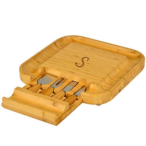 Personalized Monogrammed Bamboo Cutting Board for Cheese & Charcuterie - Engraved Wood Cheese Board with Knife Set & Markers - Perfect for Picnics, Weddings & Housewarming Gifts - Handcrafted in USA