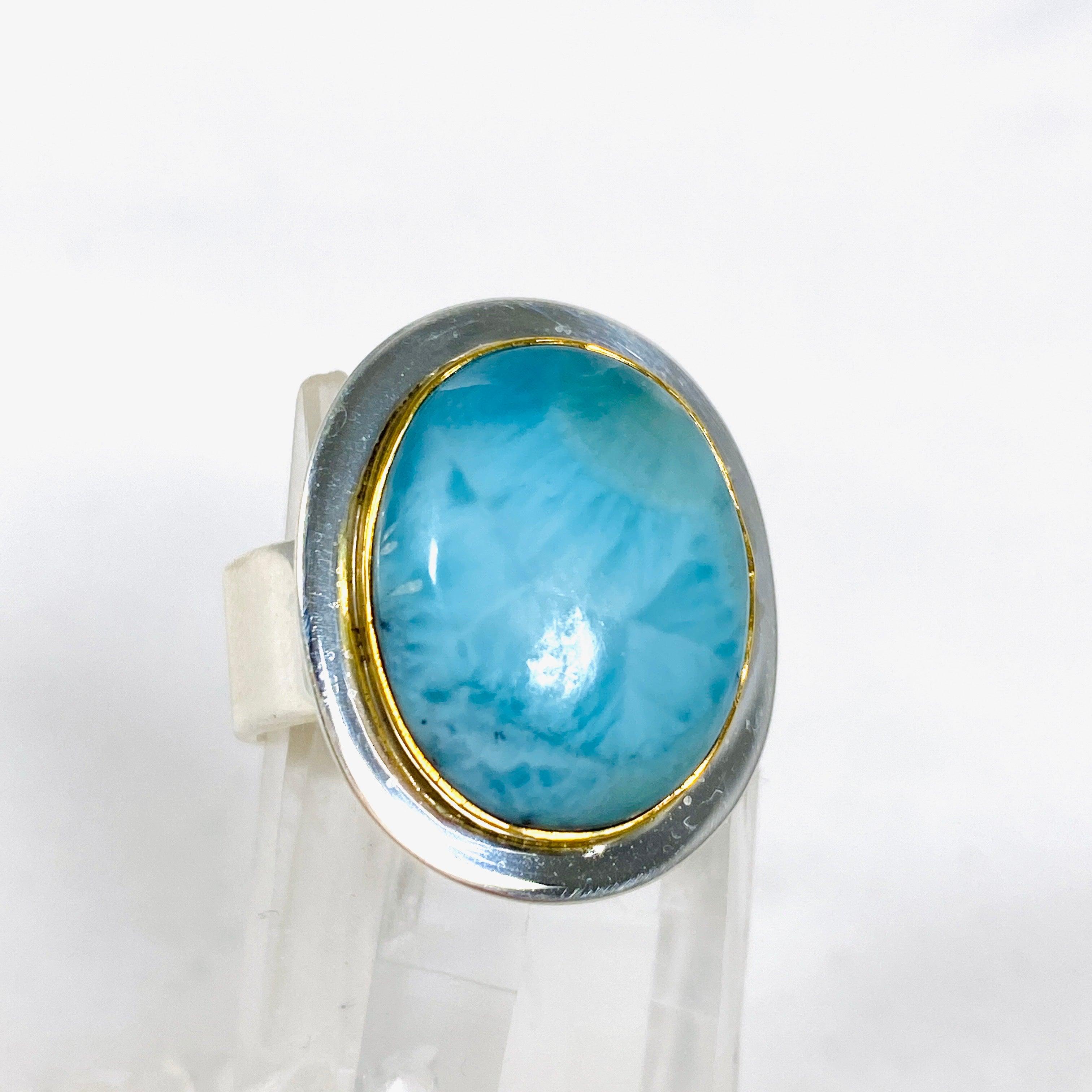 Larimar Oval Ring with Brass Detailing - Size 10 - KRGJ3104 - Perfect for Boho Jewelry Lovers & Beach Wedding Accessories