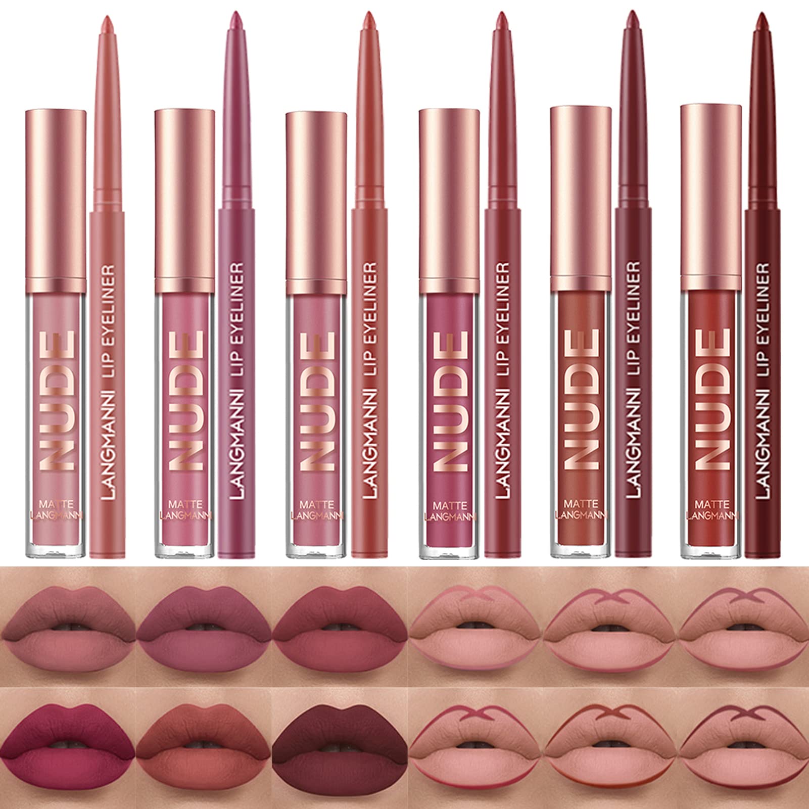 Petansy 12Pcs Lip Liner & Lipstick Set - 6 Matte Liquid Lipsticks + 6 Nude Lip Liners, Waterproof Long-Lasting Lip Makeup Kit for Women | Perfect for Daily Wear, Parties & Special Occasions