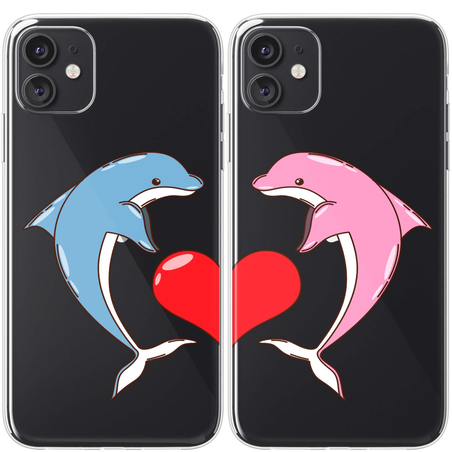 Cute Dolphin Couple BFF Phone Case Compatible with iPhone 15 Pro Max/14 Plus/13/12 Mini/11/SE/XS/XR/8/7 - Protective Kawaii Cartoon Cover for Best Friends Anniversary Gift - Perfect for Daily Use, Travel & Matching with Your Bestie