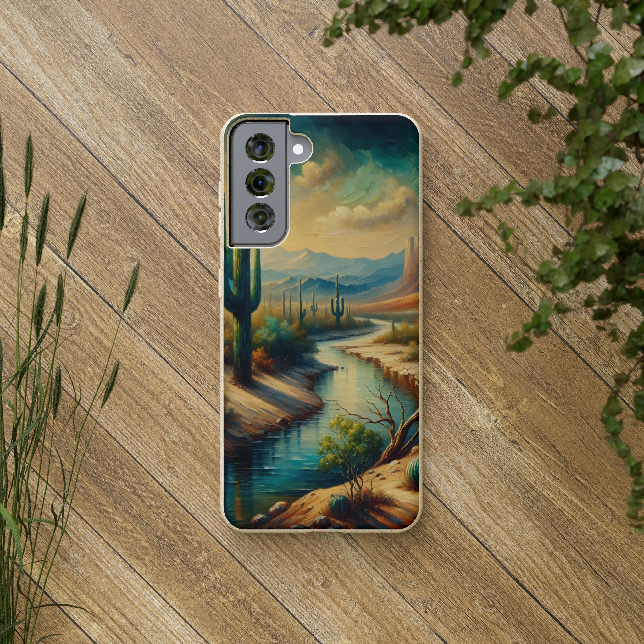 Eco-Friendly Biodegradable Phone Case with Scenic River Mountain Desert Design - Compatible with iPhone & Samsung All Models - Perfect for Outdoor Enthusiasts & Nature Lovers