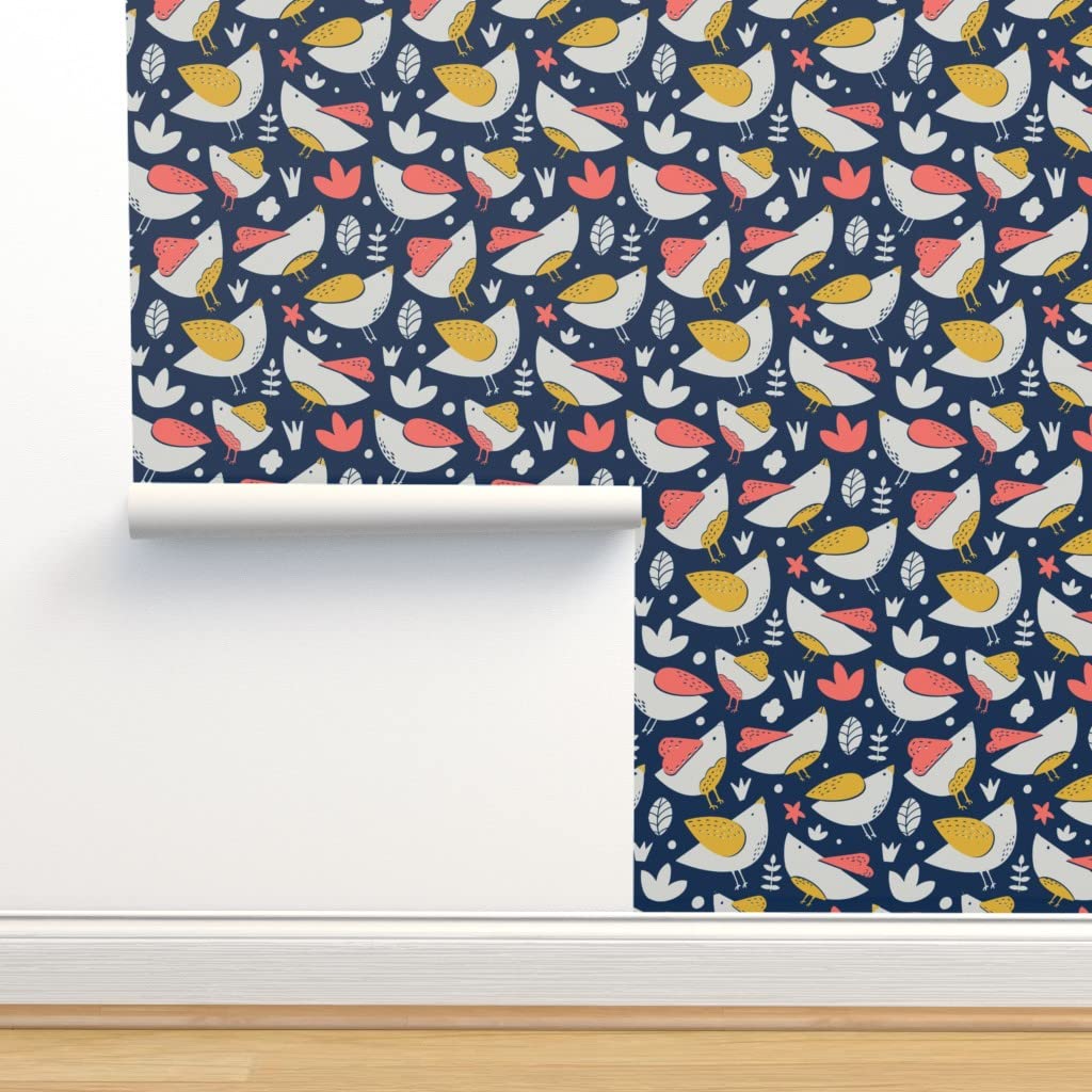Premium Commercial Grade Wallpaper Roll - 27ft x 2ft Coral Yellow Spring Chickens Easter Eggs Farmhouse Floral Design | Waterproof Peel & Stick Wallpaper for Kitchen, Nursery, Living Room Decor | Spoonflower Traditional Animal Pattern Wall Covering