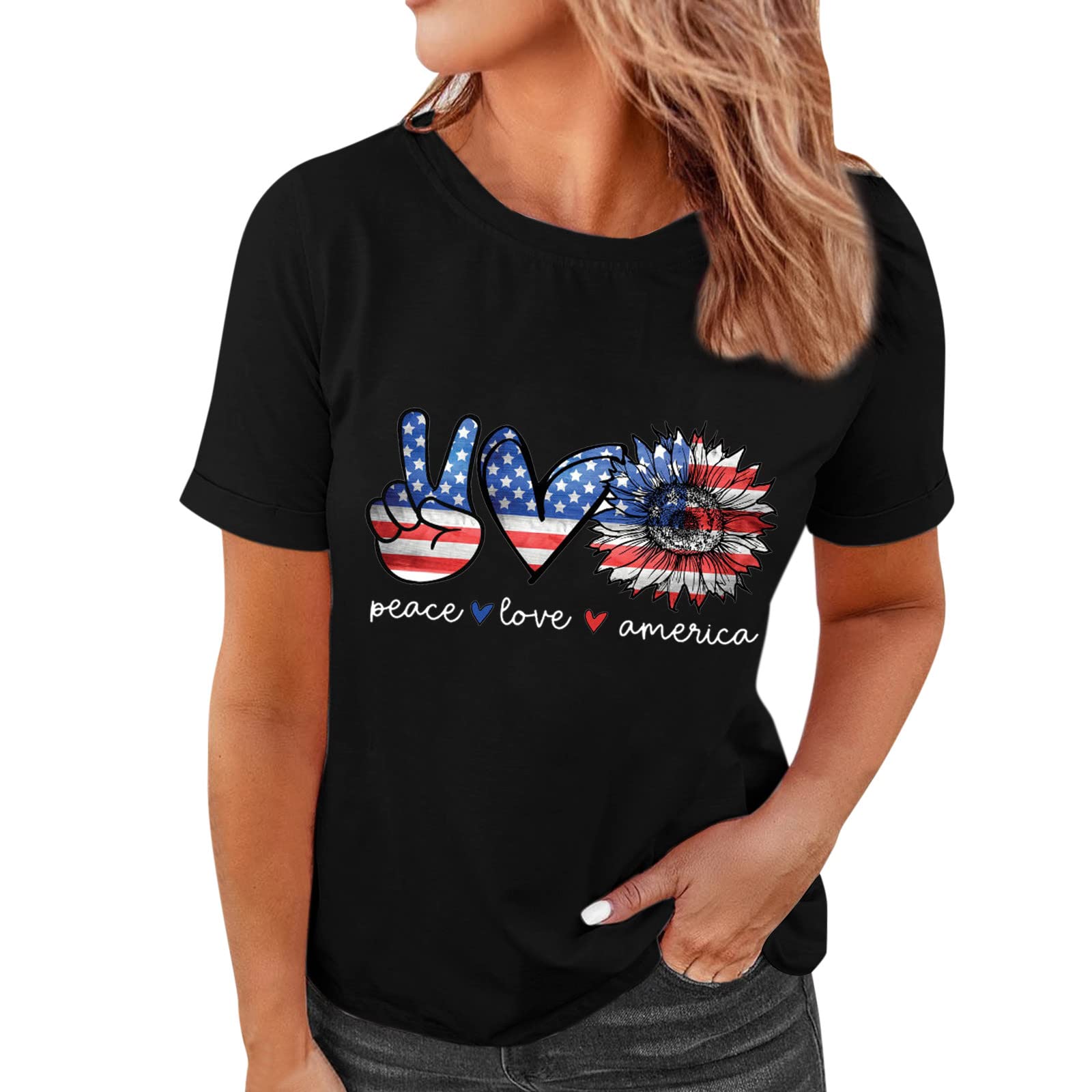 **Women's Graphic T-Shirt - Patriotic Independence Day Printed Tee, Short Sleeve Fashion Top, Casual Blouse (Black, XXL) - Perfect for Summer Outfits, Parties & Casual Wear**