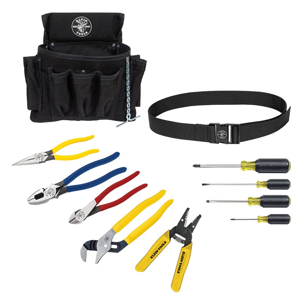 Klein Tools 92911 11-Piece Apprentice Tool Kit - Includes 4 Pliers, Wire Stripper & Cutter, 4 Screwdrivers, Tool Belt & Pouch - Perfect for Electricians, DIY Projects & Home Repairs