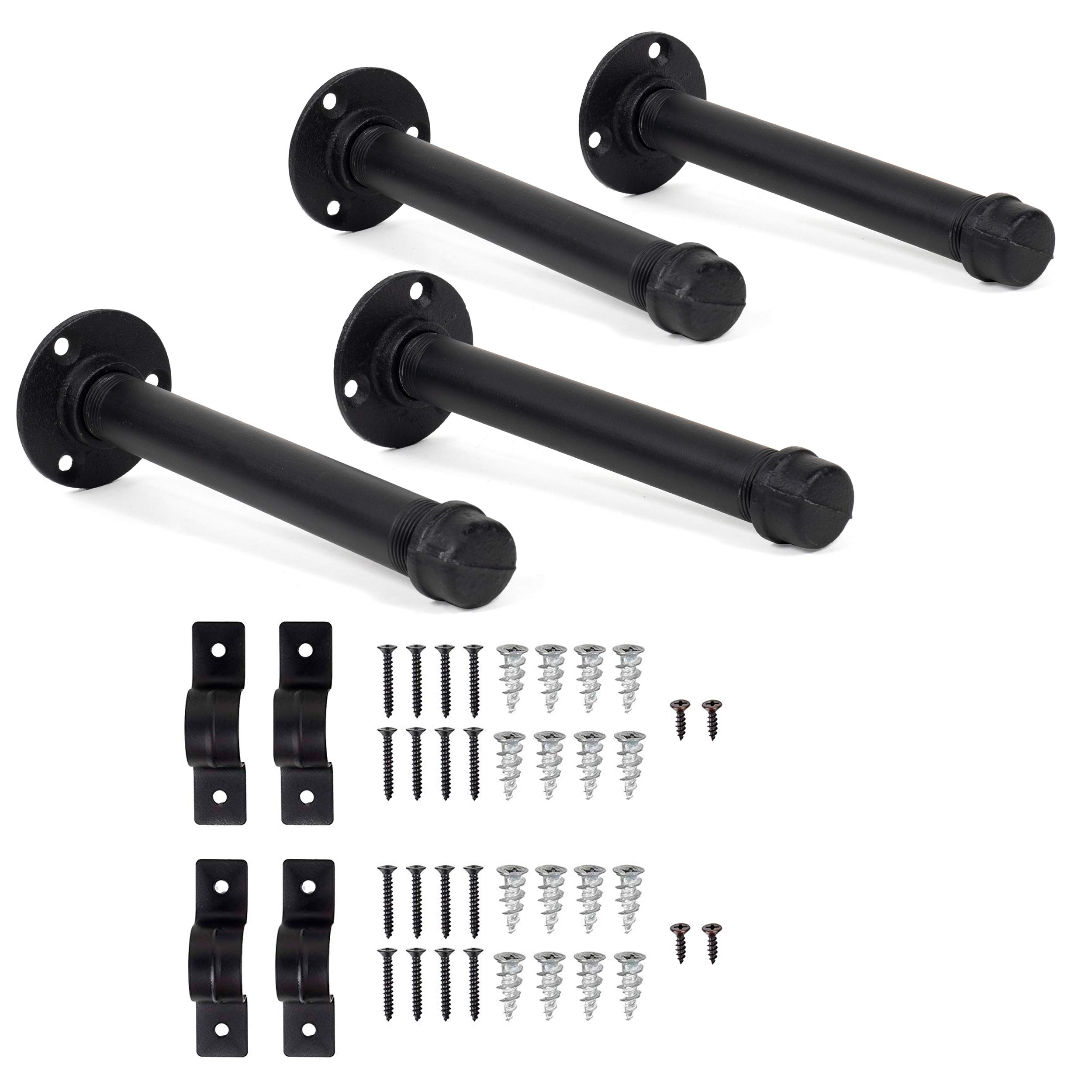 Industrial Rustic Iron Pipe Floating Shelf Bracket Set - 3/4 Inch Diameter, 10 Inch Length, Black (Set of 4) - Heavy Duty Wall Mounted Shelving Support for DIY Home Decor, Kitchen, Bathroom & Office Organization