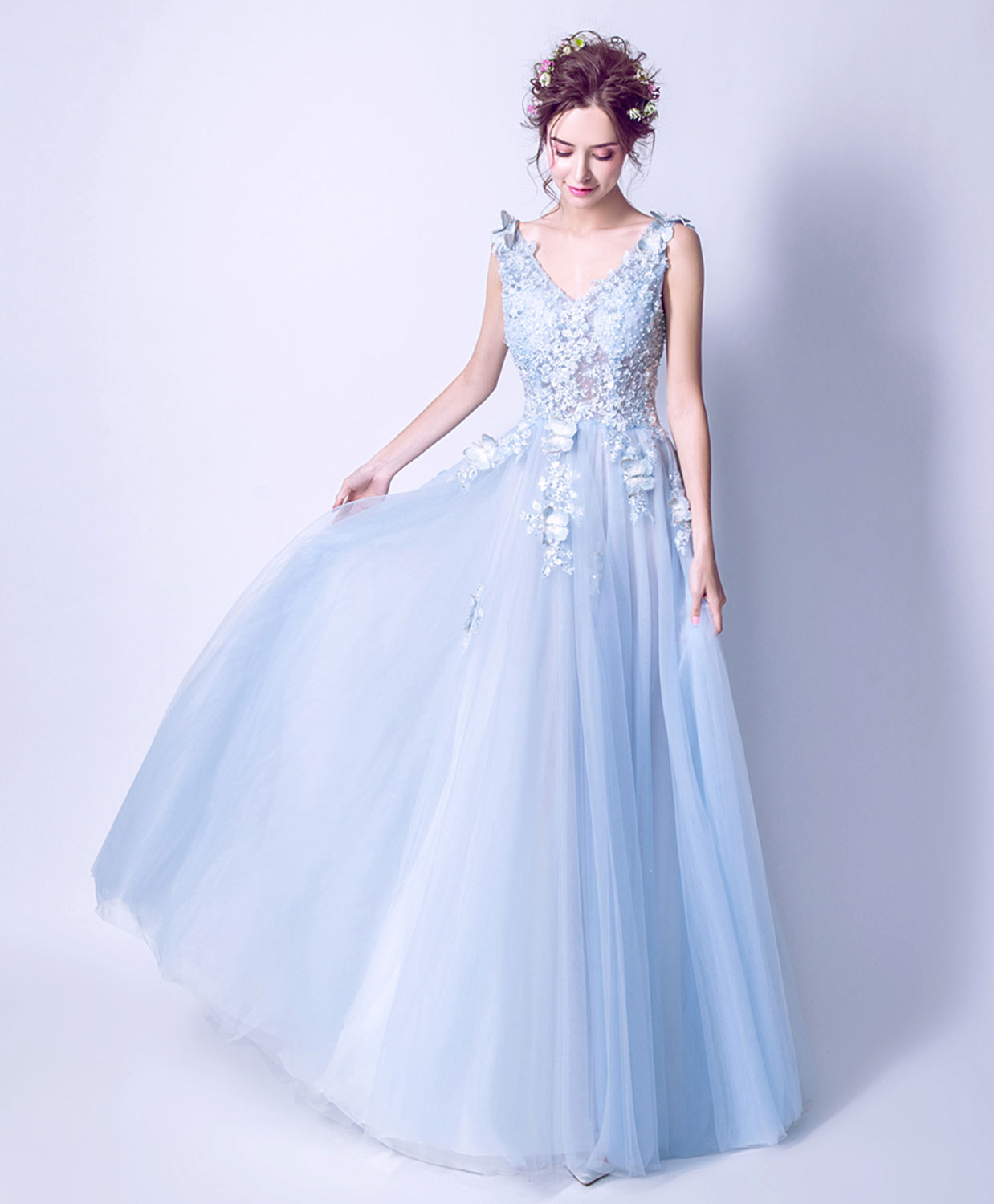 Elegant Blue V-Neck Tulle Lace Long Prom Dress | Formal Evening Gown for Homecoming, Wedding & Special Occasions