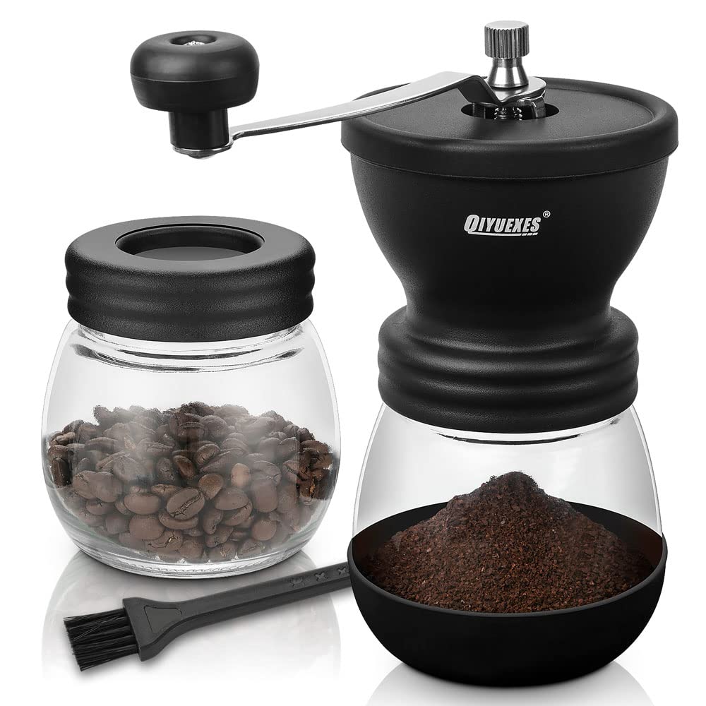 Premium Manual Coffee Grinder - Adjustable Ceramic Burr Mill for Espresso, French Press & Cold Brew - Portable Hand Crank Coffee Bean Grinder with 2 Glass Jars (11oz Each) & Cleaning Brush - Perfect for Home, Office, Camping & Travel Use