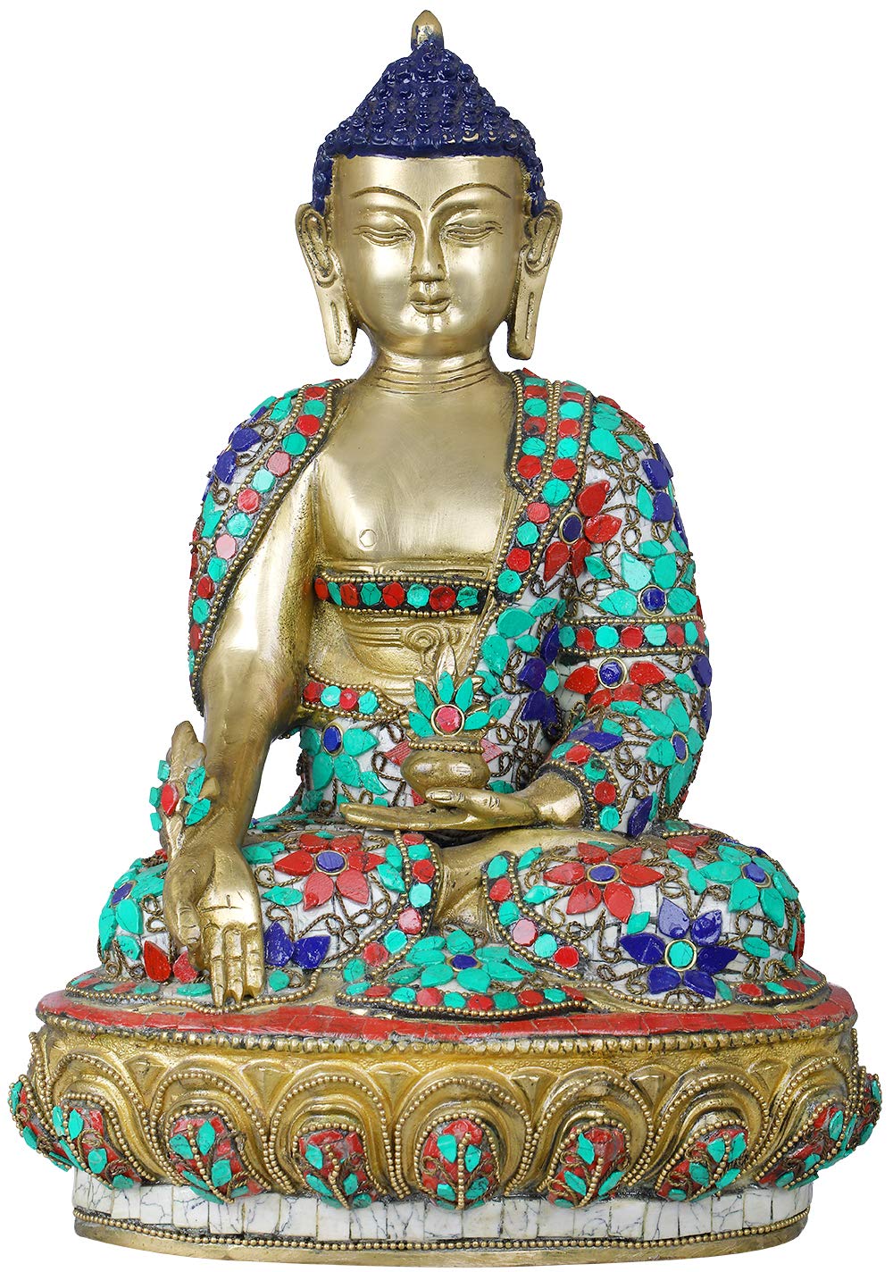 Exotic Tibetan Buddhist Buddha Statue with Medicinal Herb Bowl - Handcrafted Multicolor Home Decor for Meditation & Spiritual Healing | Perfect for Yoga Studios, Altars & Wellness Spaces