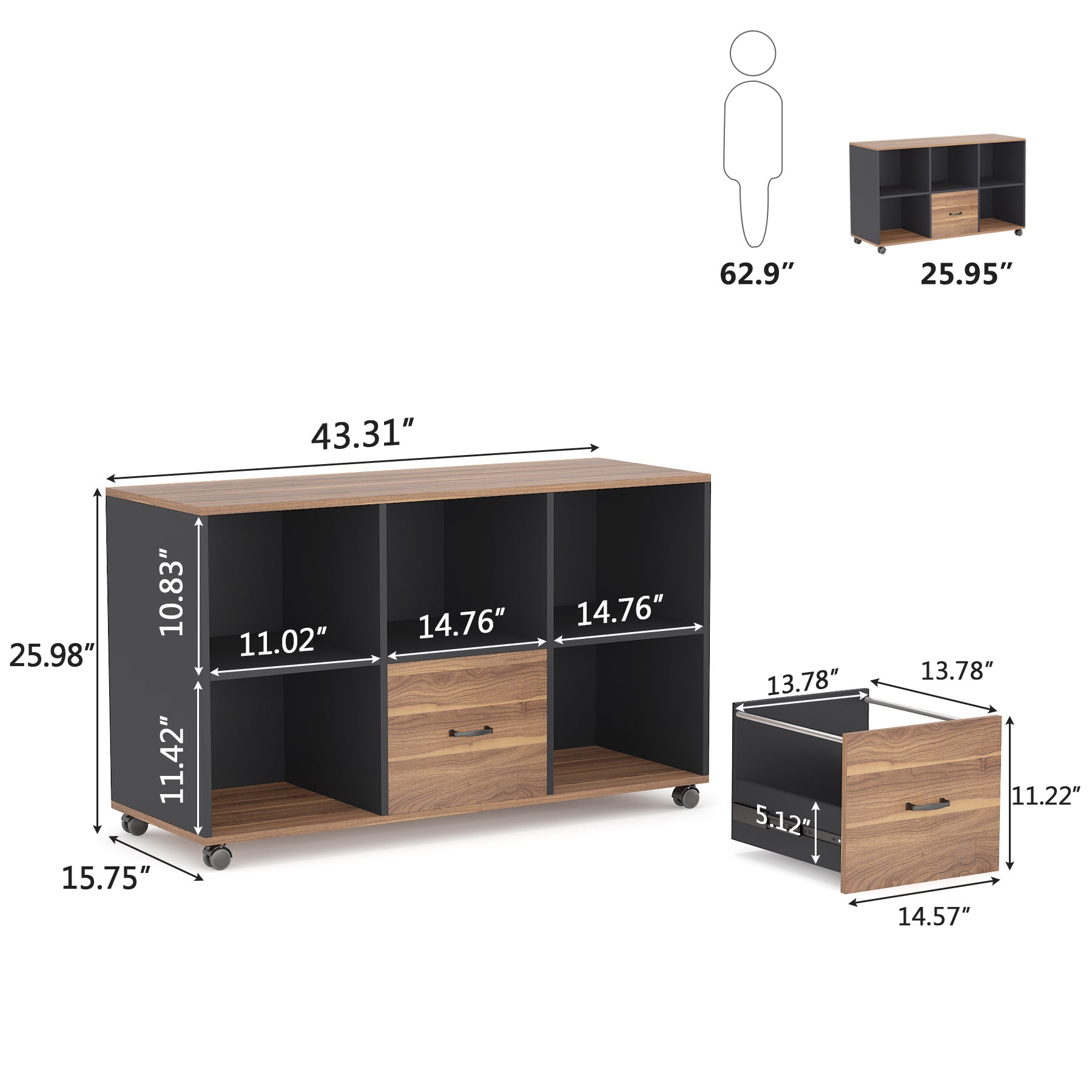 43 File Cabinet with Wheels - Mobile Letter Size Filing Storage Cabinet for Office, Home, or School Organization