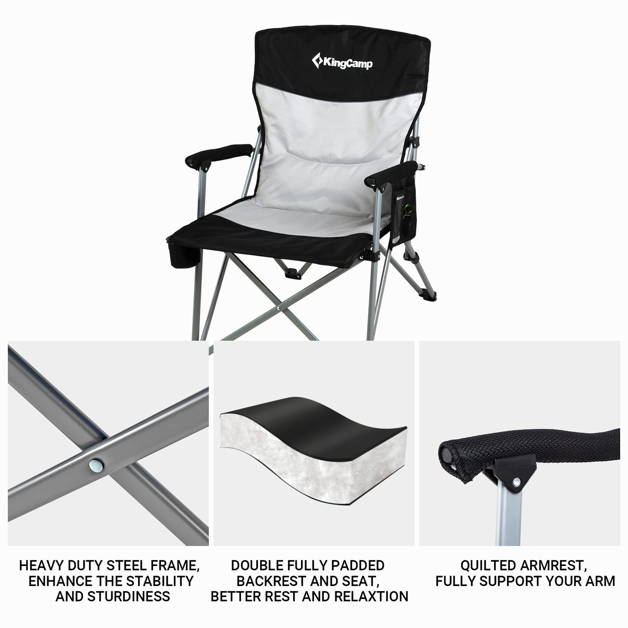 KingCamp Oversized Folding Camping Chair for Adults - Heavy Duty 300 lbs Capacity, Adjustable Backrest, Armrests & Cup Holder - Perfect for Outdoor Camping, Picnics, Travel, Beach, BBQ, Backyard & Tailgating