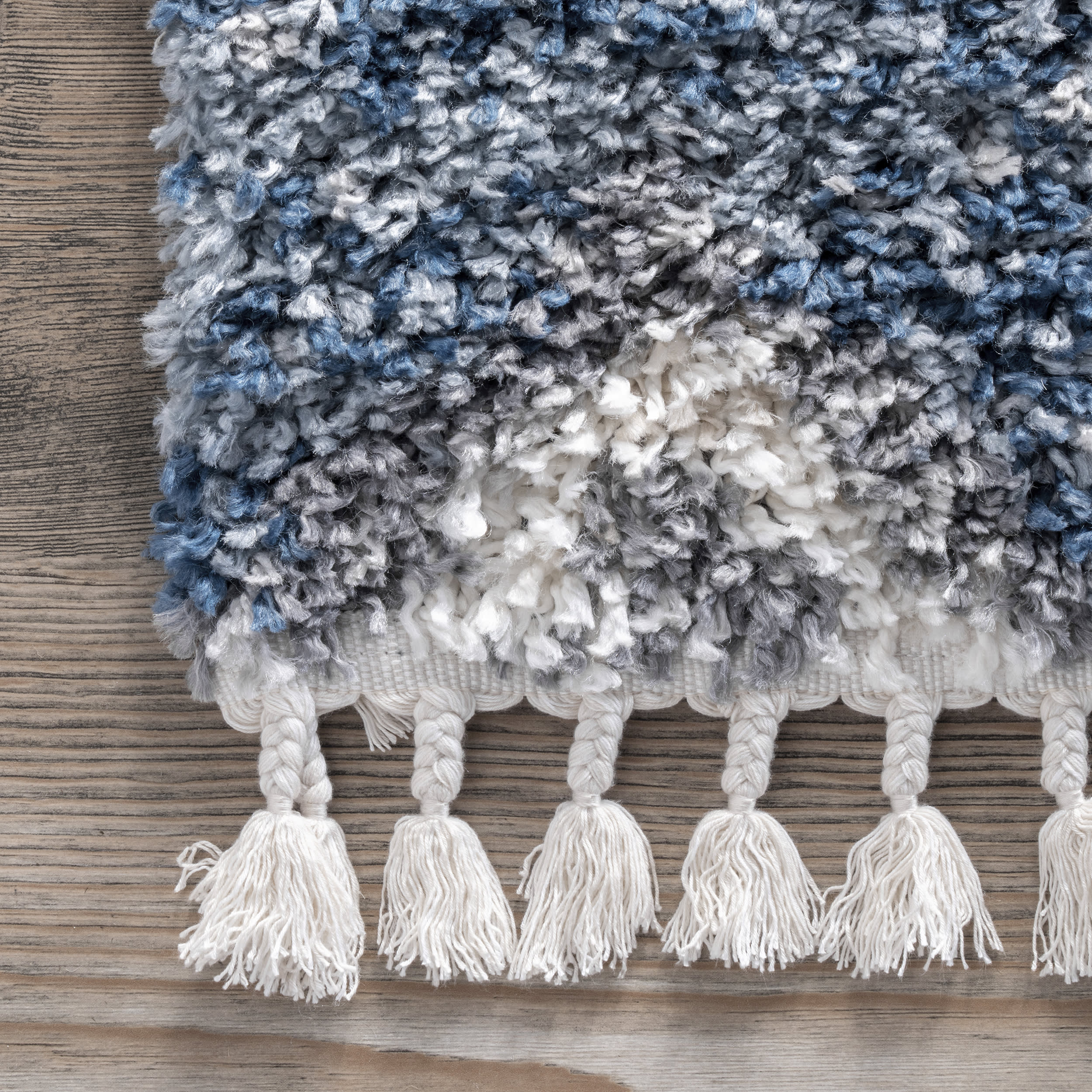 Blue Diamond Totem Shag Rug with Tassels - Soft Bohemian Floor Carpet for Living Room, Bedroom Decor
