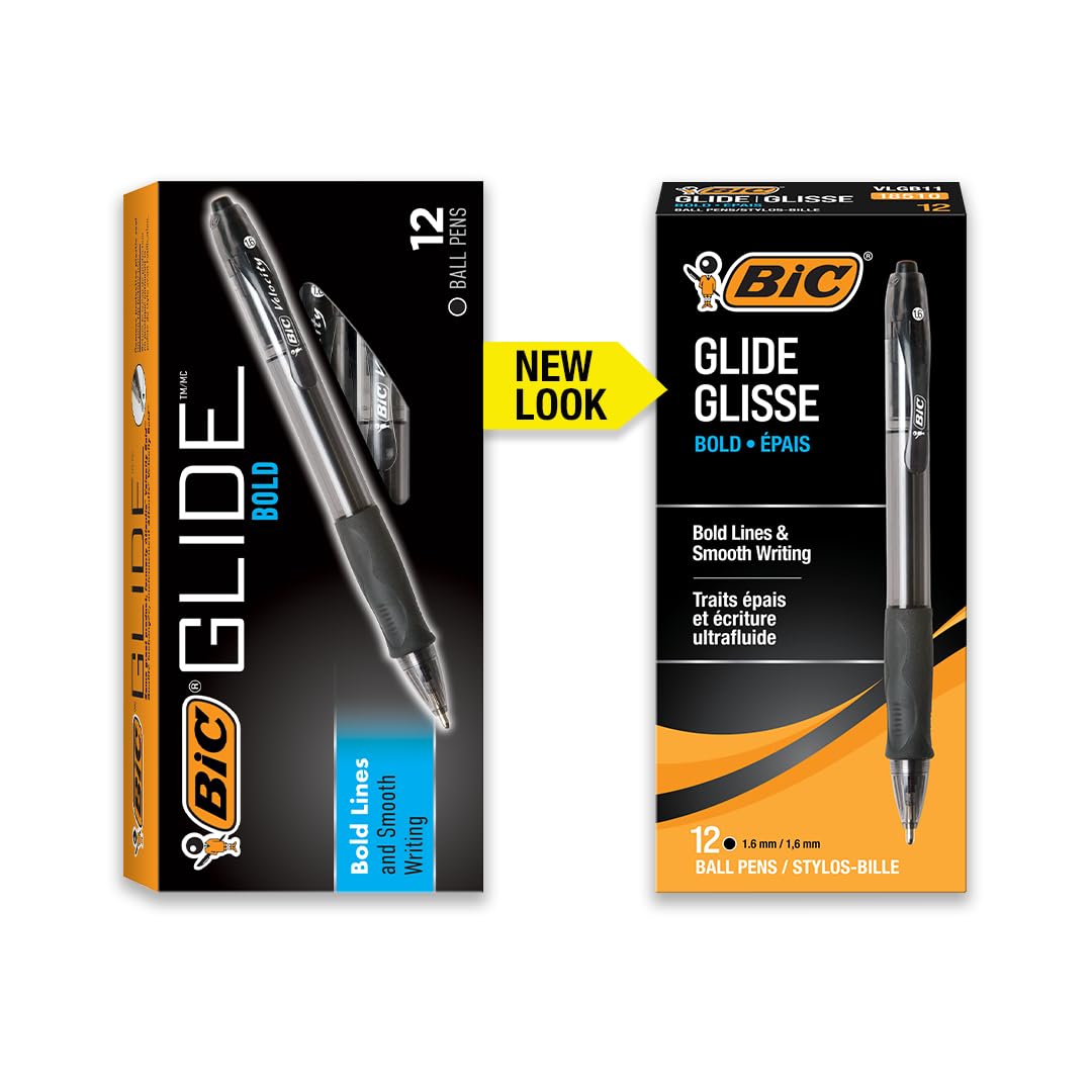 BIC Glide Bold Black Ballpoint Pens 1.6mm - 12 Pack Retractable Pens with Comfort Grip for Smooth Writing - Ideal for Office, School & Note Taking