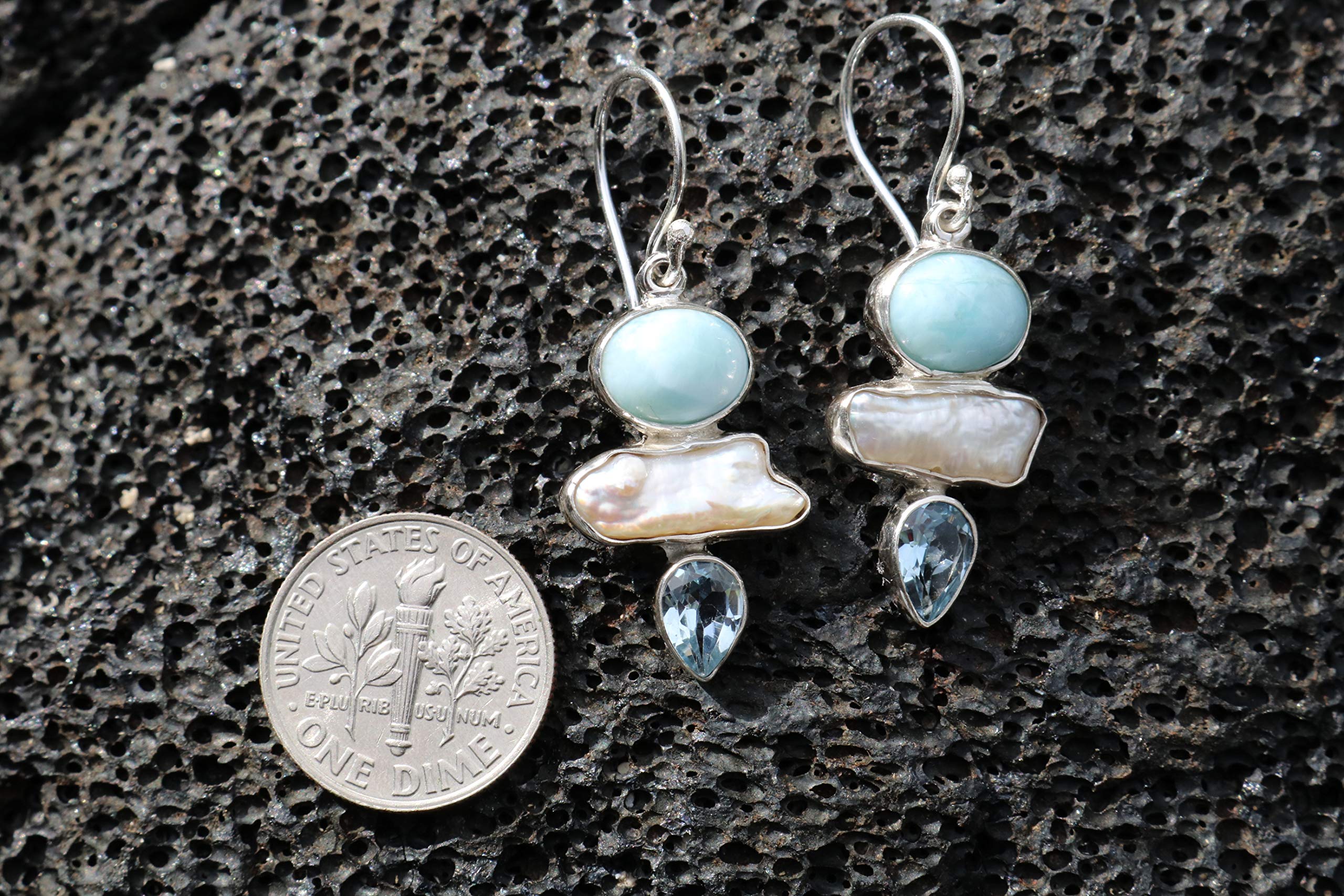Larimar Pearl Blue Topaz Earrings - Sterling Silver Jewelry for Women - Elegant Dangle Earrings for Parties, Weddings & Special Occasions