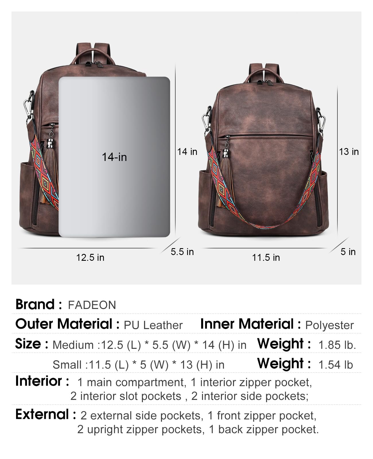 FADEON Women's Leather Backpack Purse - Stylish PU Travel Backpack with Tassel in Coffee Brown | Perfect for Work, College & Weekend Getaways