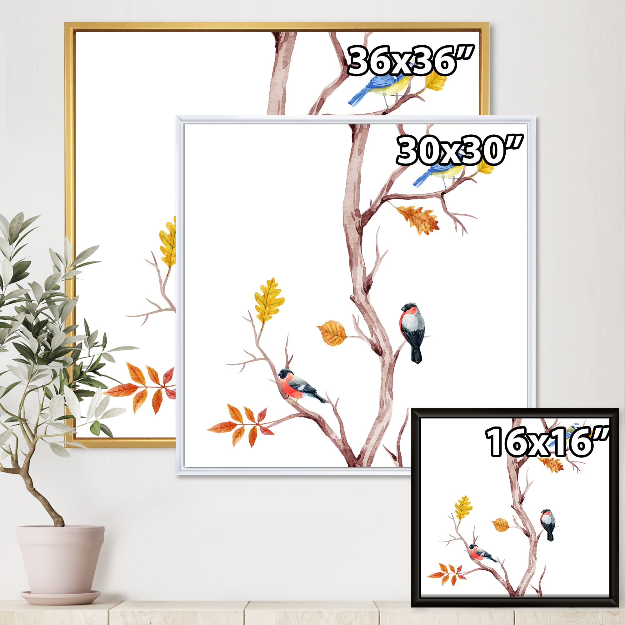 DesignQ Little Birds on Tree Branches IV - Traditional Framed Canvas Wall Art Print for Living Room, Bedroom & Office Decor