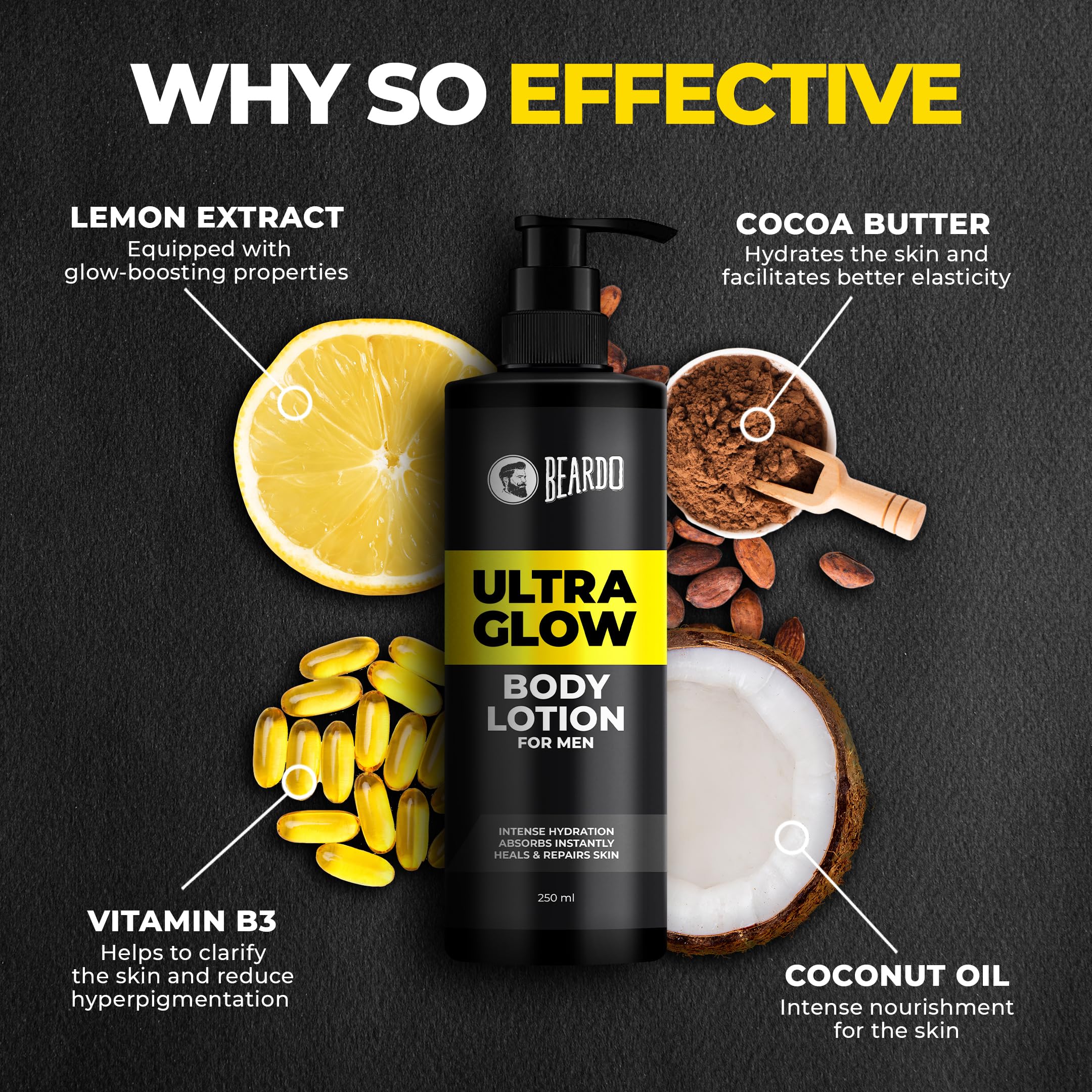 Beardo Ultraglow Hydrating Body Lotion for Men - 250ml | Lightweight Winter Moisturizer for Dry Skin | Nourishing Body Butter with Vitamin E | Perfect for Daily Use & Post-Shave Care
