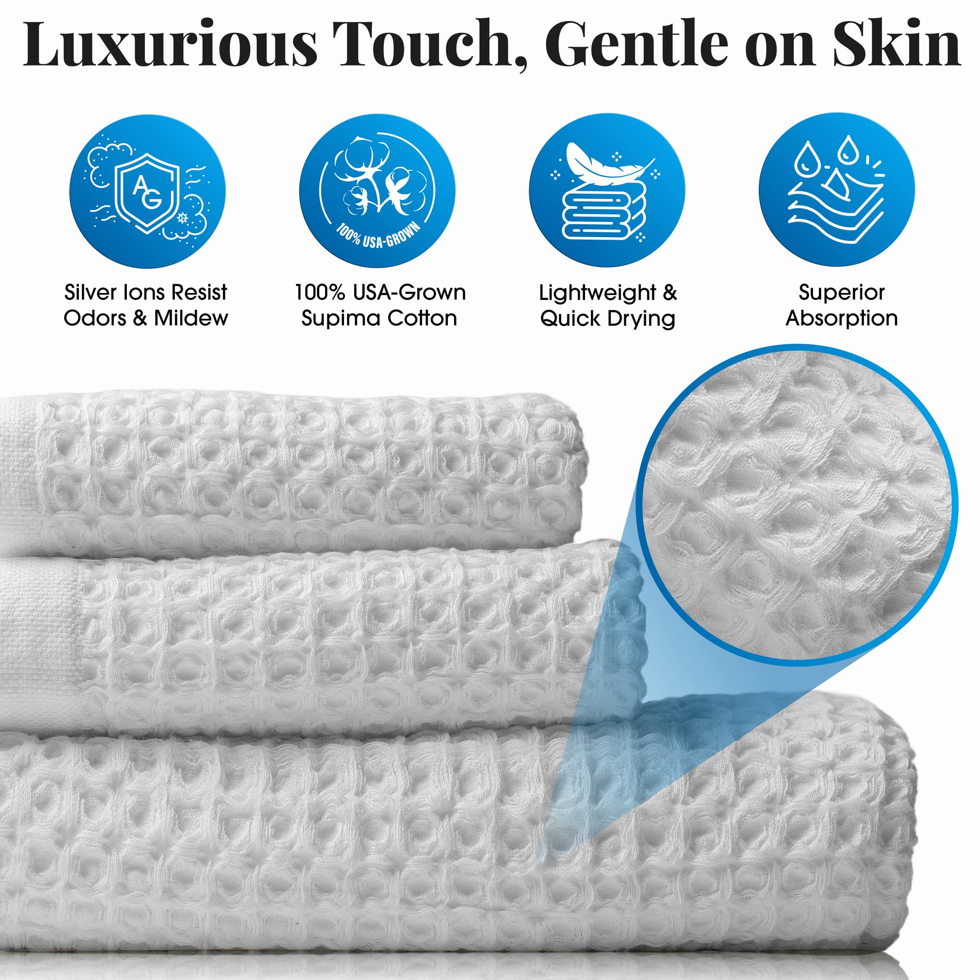 Premium Silver Infused Waffle Weave Towel - 100% USA Grown Supima Cotton, Ultra Absorbent & Quick Drying - Luxury Bath & Spa Towel for Home, Hotel & Gym Use (White)