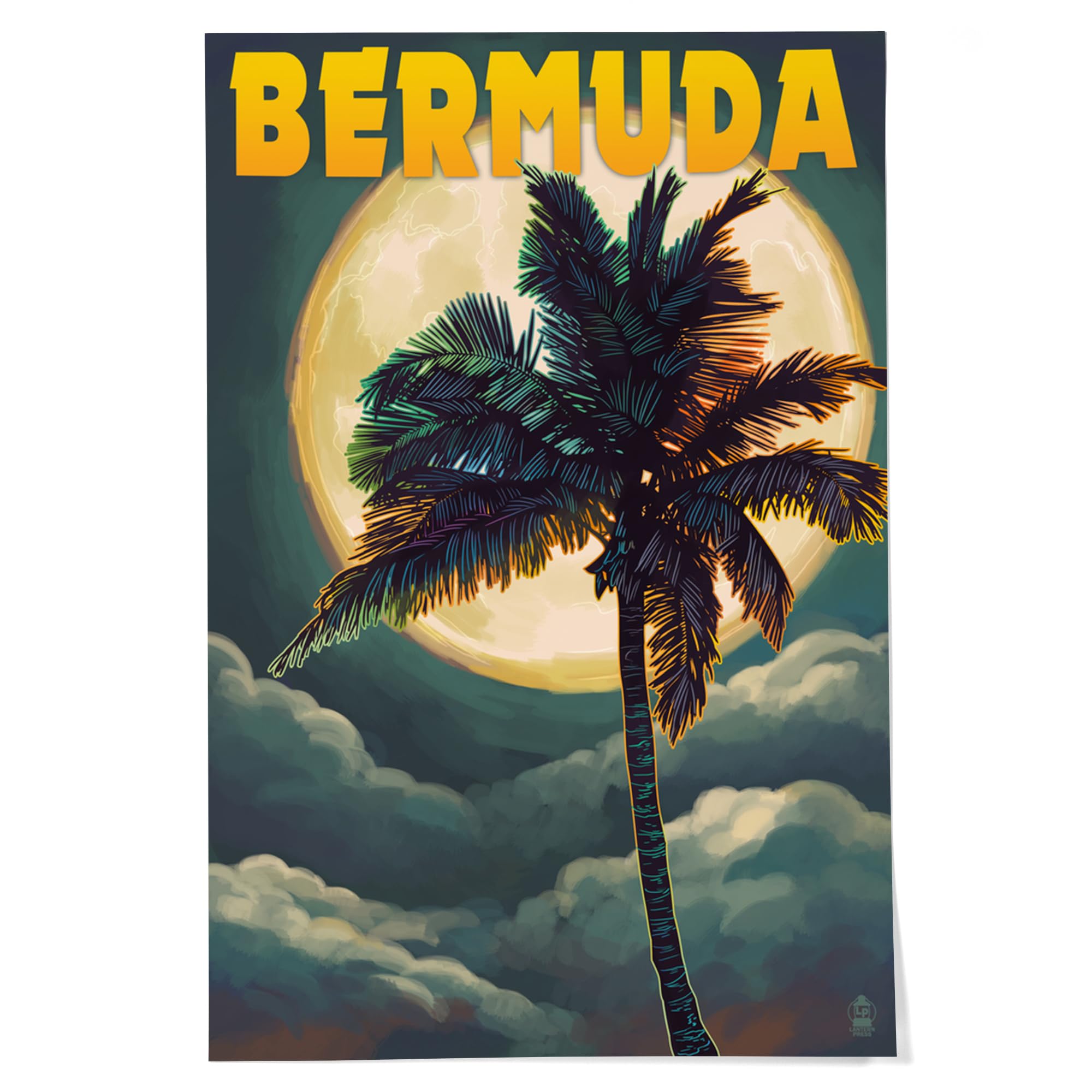 Lantern Press 24x36 Inch Giclee Art Print Wall Decor - Bermuda Palm and Moon Beach Landscape Painting - Perfect for Living Room, Bedroom & Office Decor