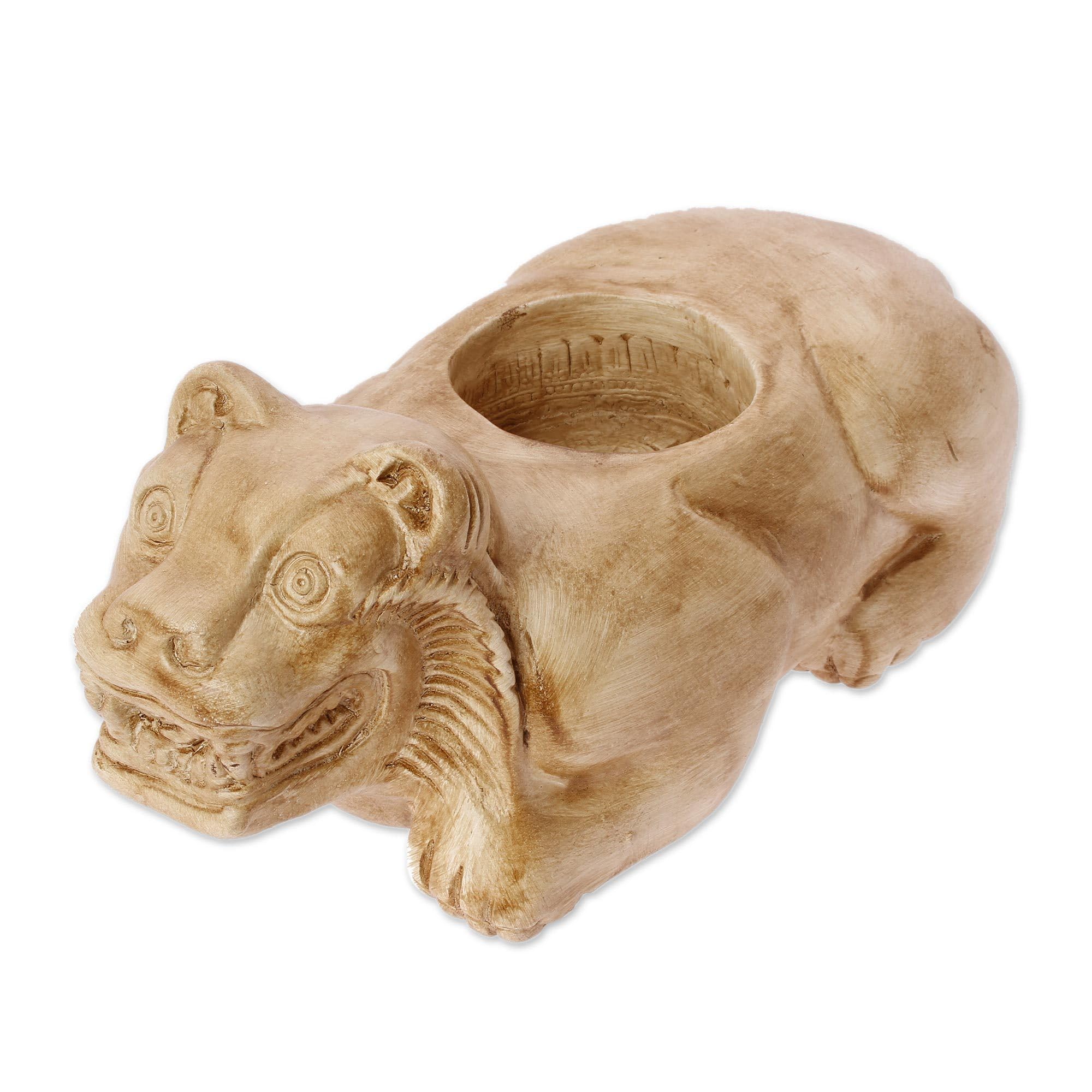 NOVICA Beige Aztec Jaguar Ceramic Sculpture - 5.5