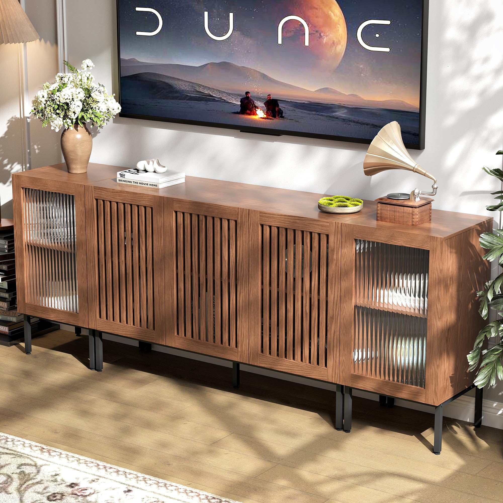 Rustic Farmhouse TV Stand for 85 Inch TVs - Solid Wood Entertainment Center with Storage Cabinets & Glass Doors - Media Console for Living Room, Bedroom, Home Theater - Espresso Brown Finish - Perfect for Modern & Traditional Home Decor