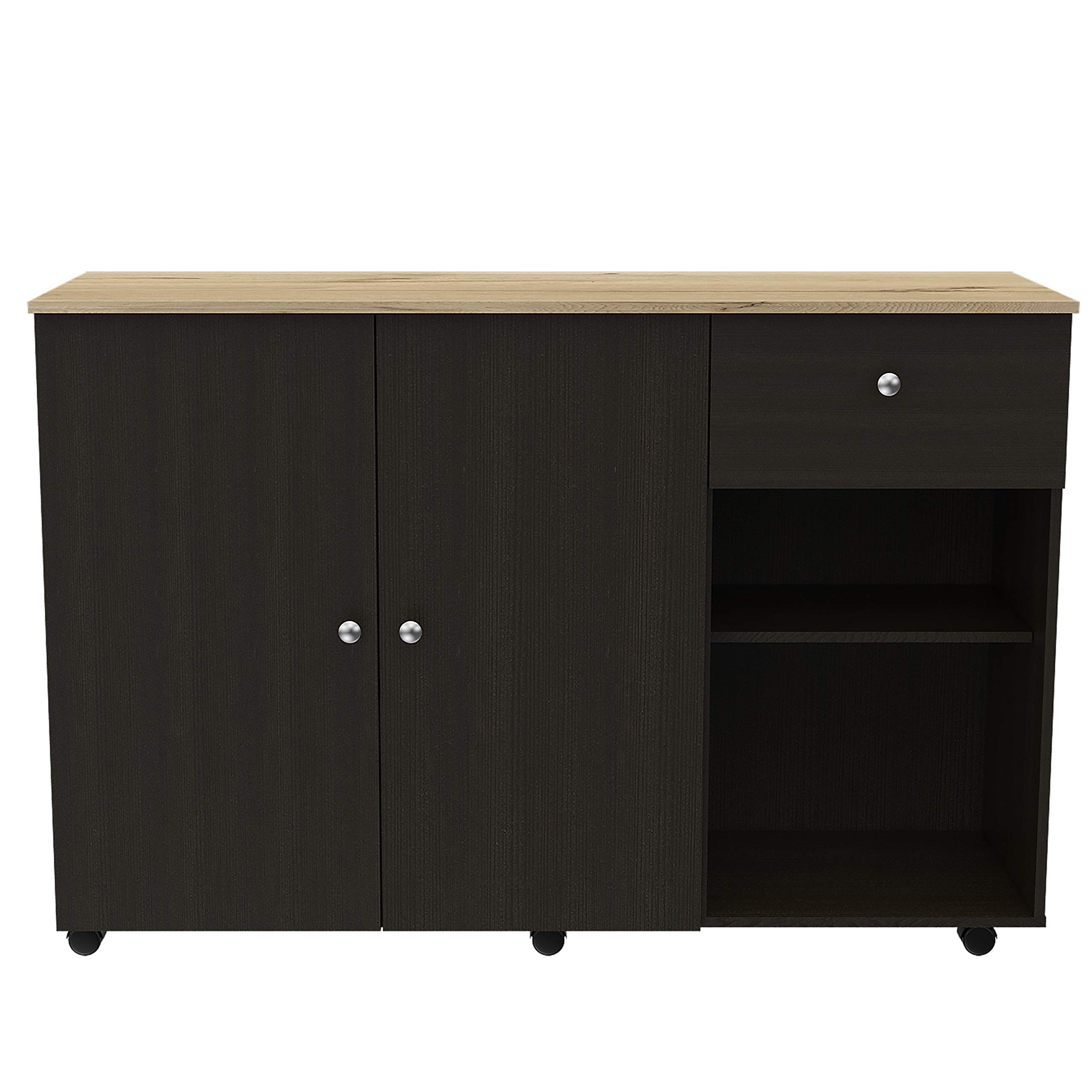 Chico Kitchen Island with 2 Cabinets, 2 Open Shelves & Drawer - Black Wenge Finish | Mobile Kitchen Cart with Storage for Small Spaces | Perfect for Apartments, Dorms & Compact Kitchens