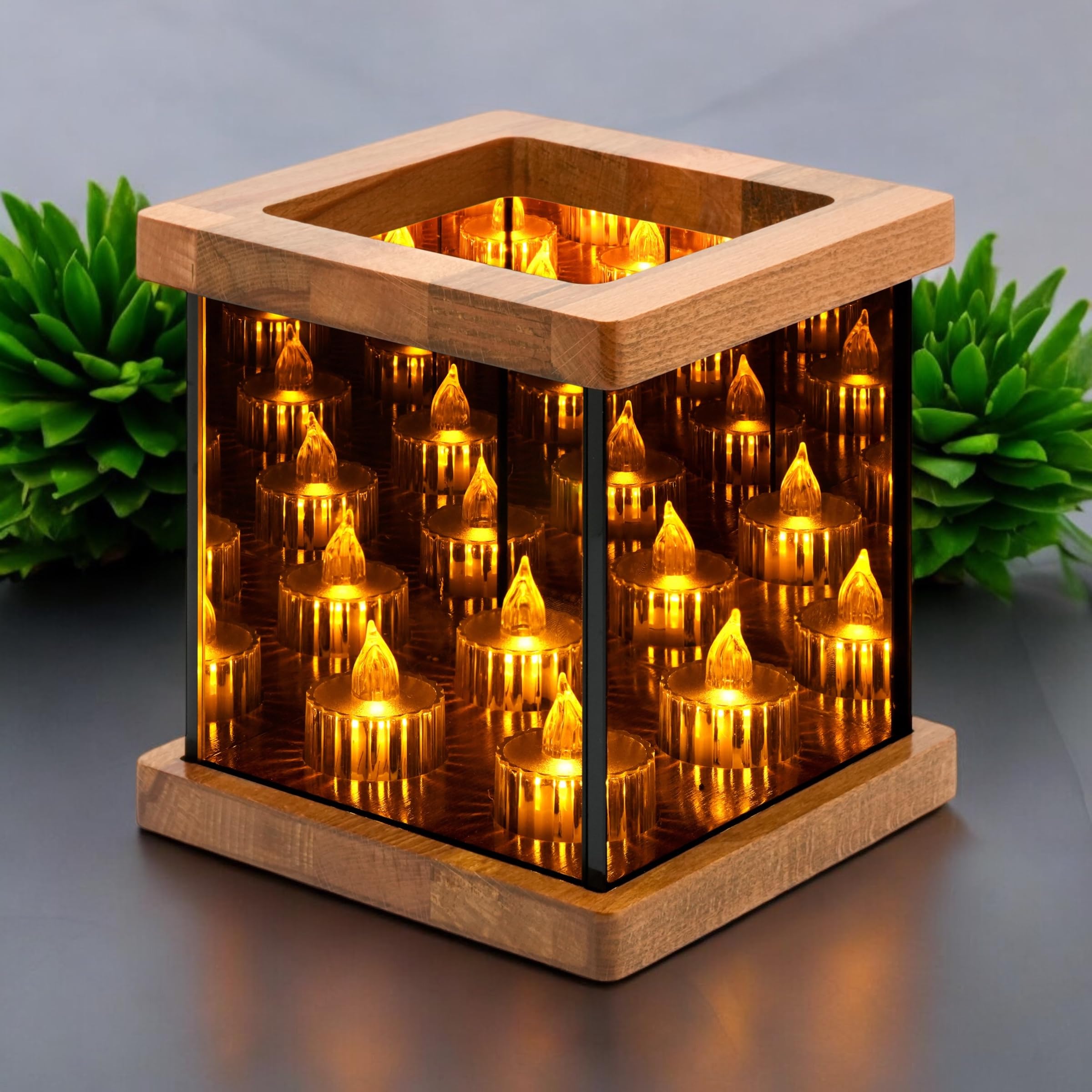 Infinity Mirror Tea Light Holder - Glass Hurricane Candle Holder with Wood Base | Unique Infinity Cube Night Light for Table Decor, Wedding Gifts, Bedroom Lighting & Rustic Home Decor | Perfect for Romantic Dinners, Spa Relaxation & Holiday Centerpieces