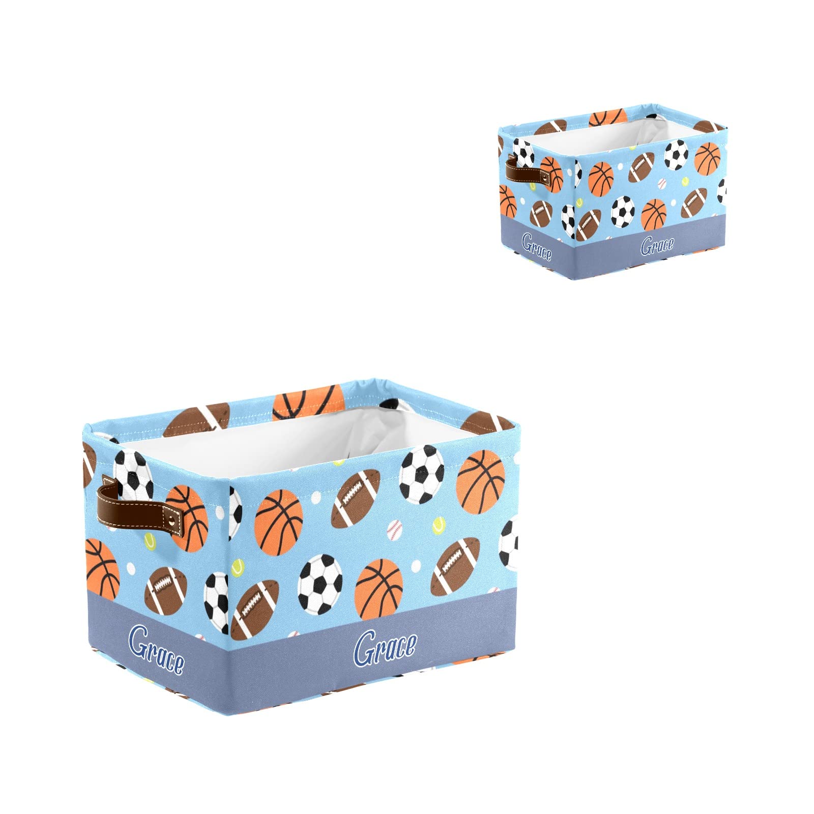 Personalized Blue Sports Balls Storage Bins - 4 Pack Durable Cube Organizer with Handles for Shelves, Wardrobe, Nursery & Toy Organization | Perfect for Kids' Rooms, Playrooms & Sports Equipment Storage
