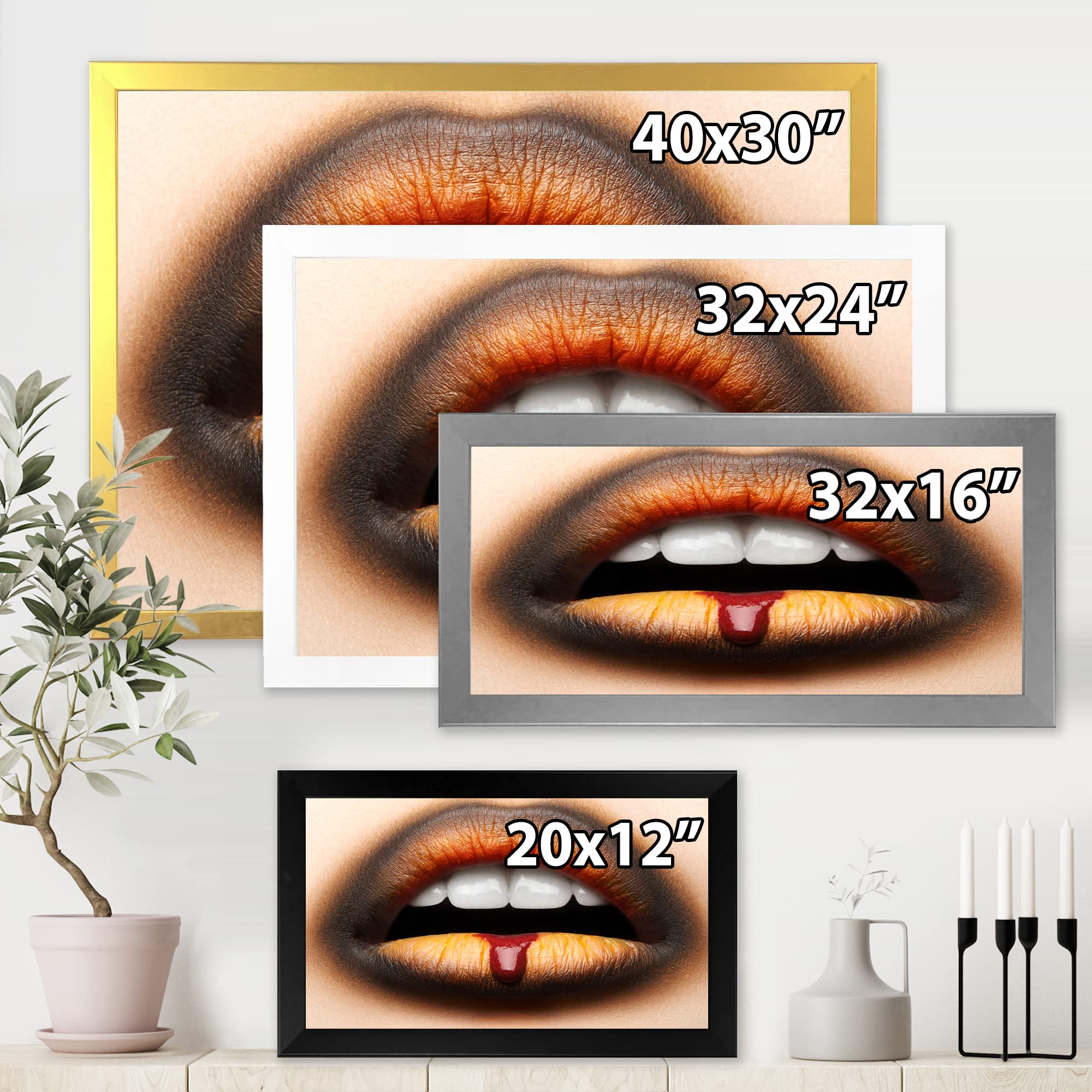 DesignQ Modern Framed Wall Art - Black & Orange Lipstick Female Lips Painting - Perfect for Living Room, Bedroom, or Office Decor